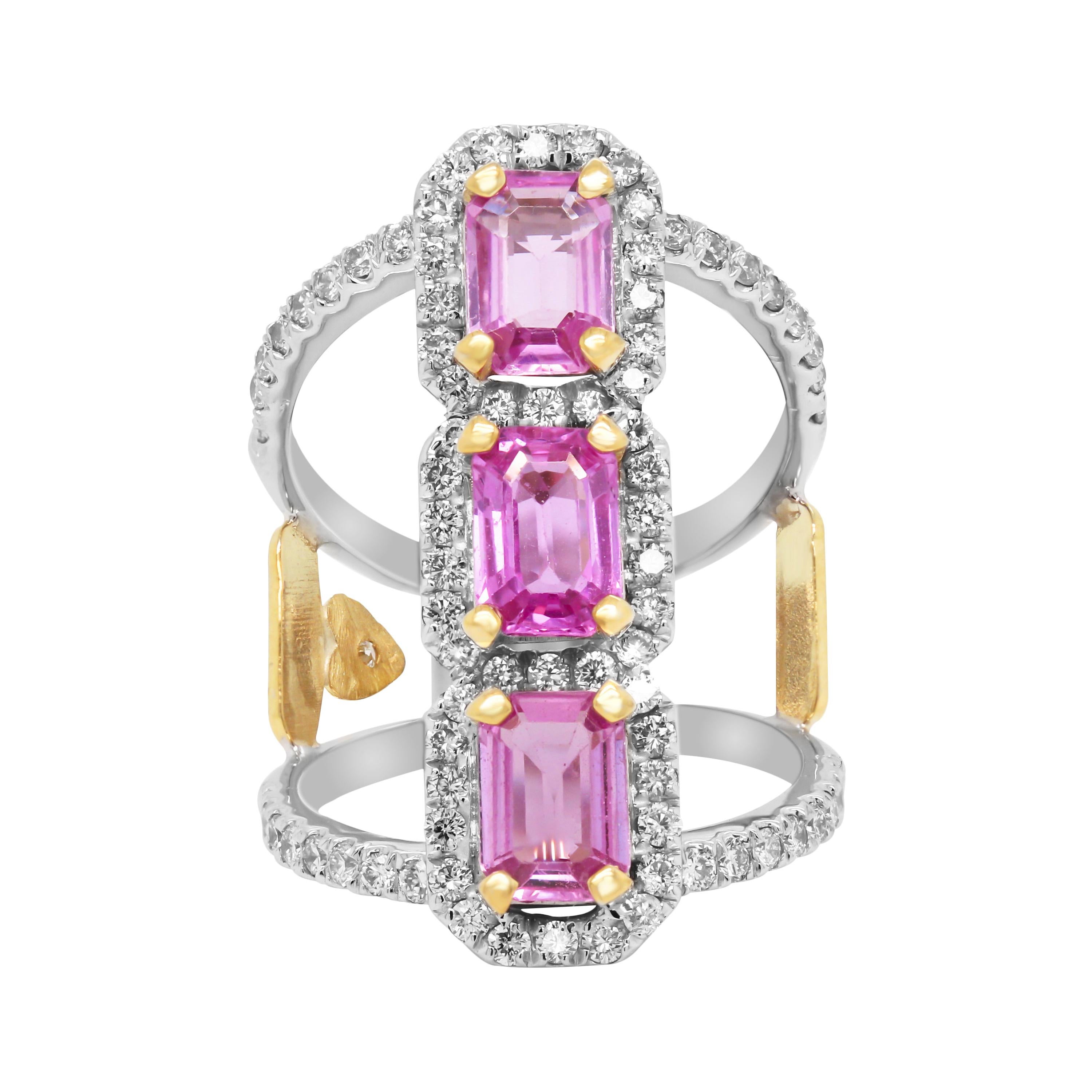 Stambolian Emerald Cut Pink Sapphire 18 Karat Gold Diamond Three Stone Ring