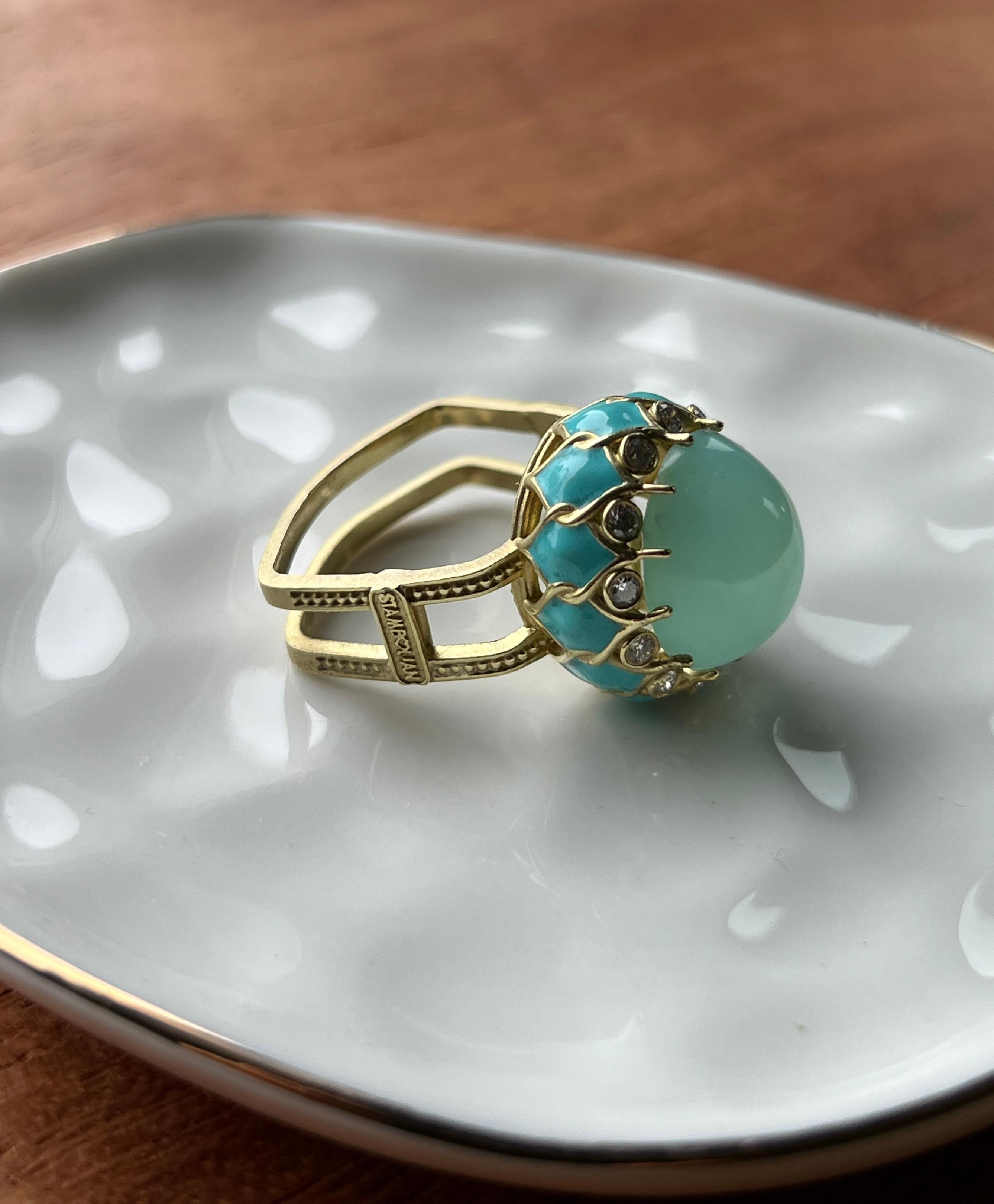 da uomo o donna Anello da cocktail in oro giallo 18k e diamanti alla fluorite di Stambolian in vendita
