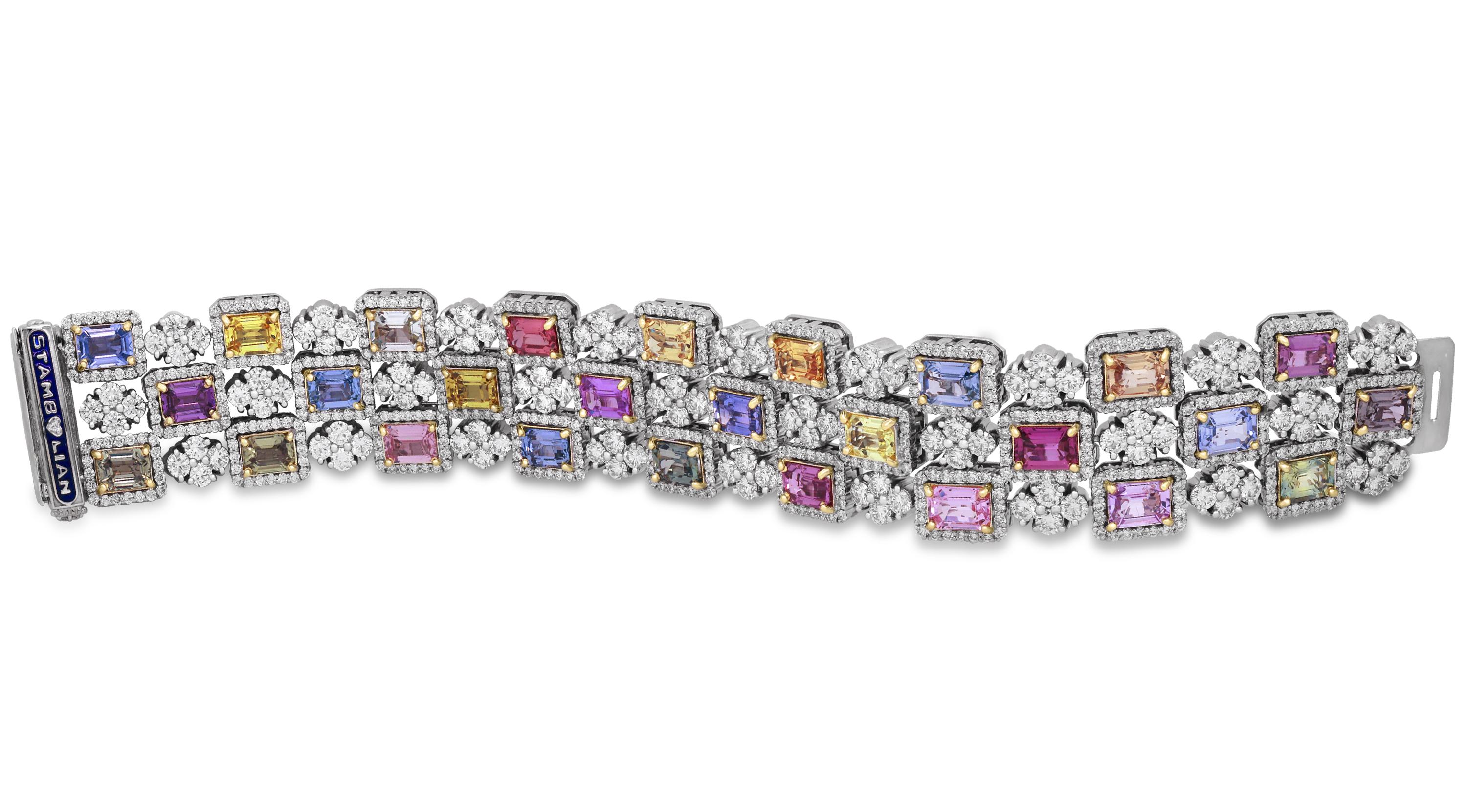 Stambolian GIA 32.40 Ct. No Heat Multi-Color Sapphires 18K Gold Diamond Bracelet

This one-of-a-kind masterpiece by Stambolian is the true example of 