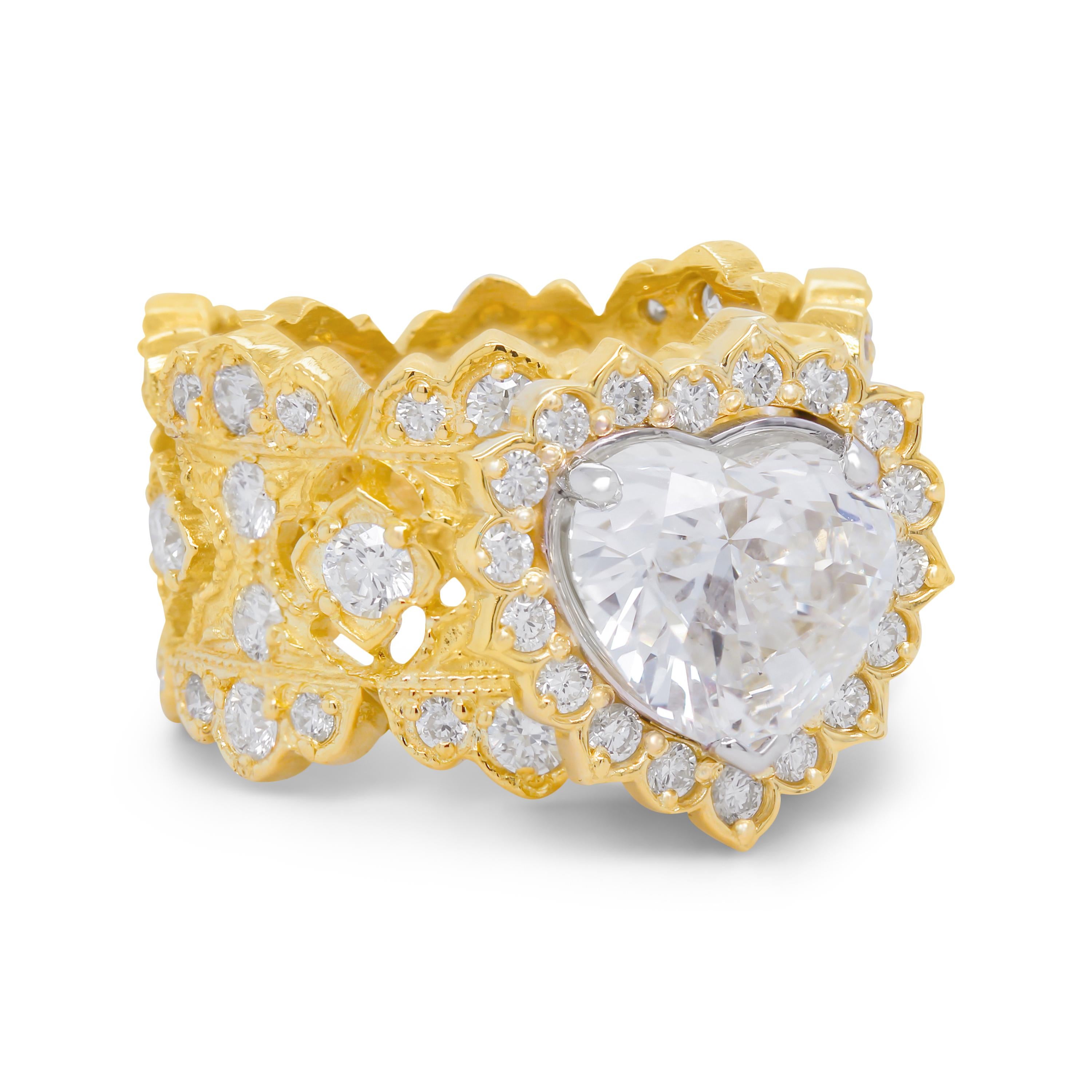 Stambolian GIA Certified 2.44 Carat Heart Shape Diamond 18K Gold Ring

This one-of-a-kind ring features a GIA certified, heart shape, I color, SI1 clarity, 2.44 carat diamond center

Diamonds are also set surrounding the center diamond along with