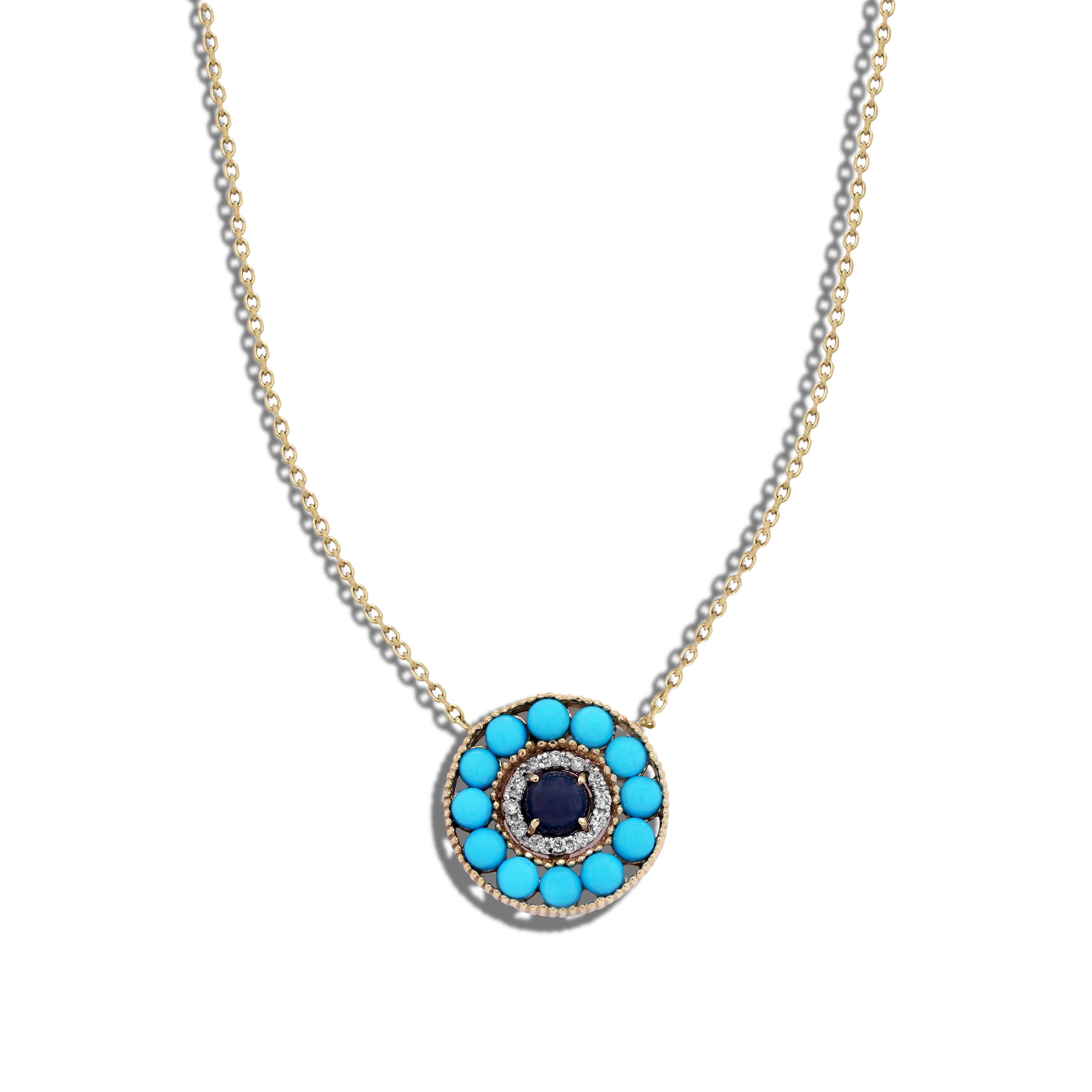 18K Yellow Gold and Diamond Evil Eye Pendant with Turquoise and Blue Sapphire by Stambolian

A unique twist on the traditional evil eye. With Sleeping beauty turquoise on the edges along with diamonds, leading to the cabochon-cut, round, blue