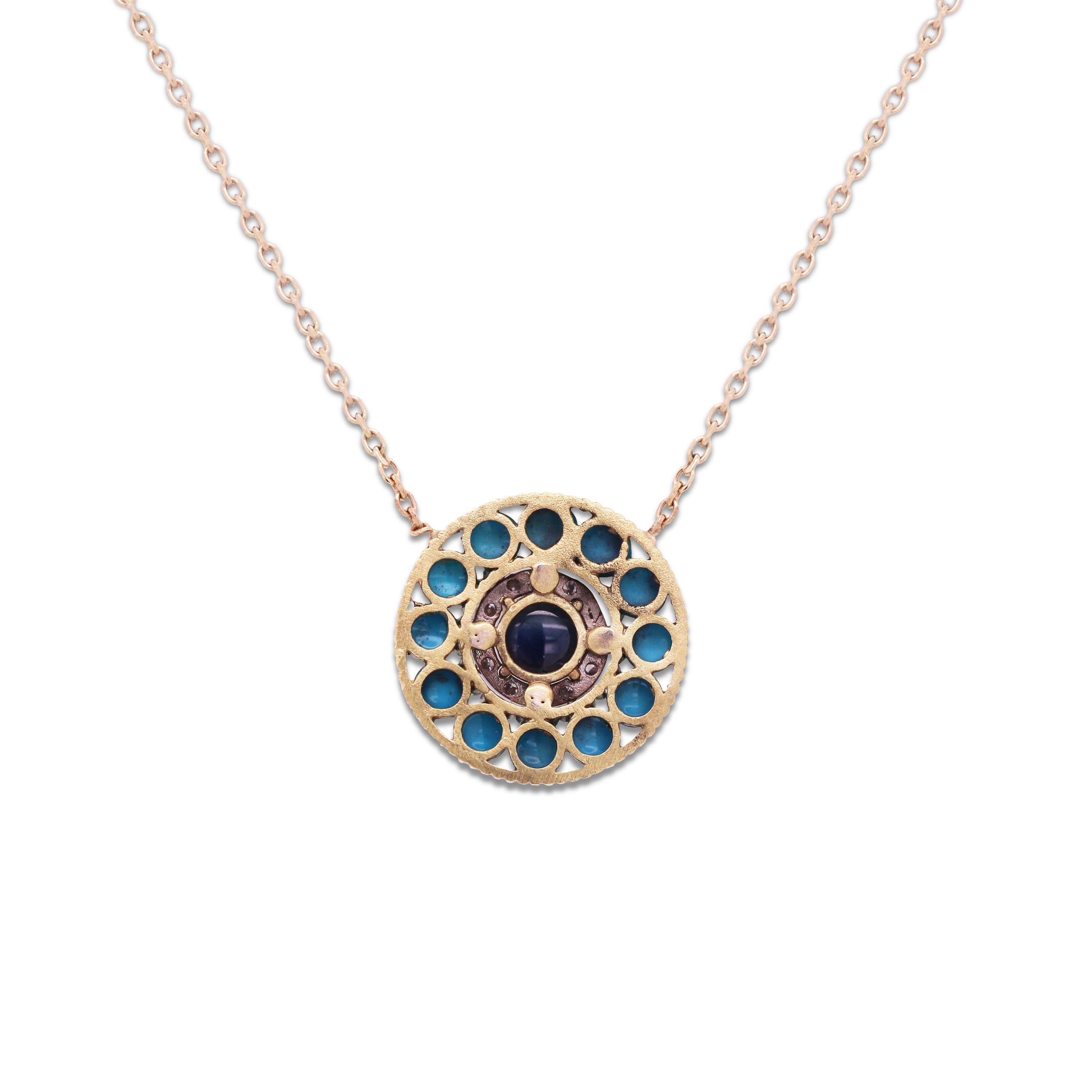 Round Cut Stambolian Gold and Diamond Evil Eye Pendant with Turquoise and Blue Sapphire