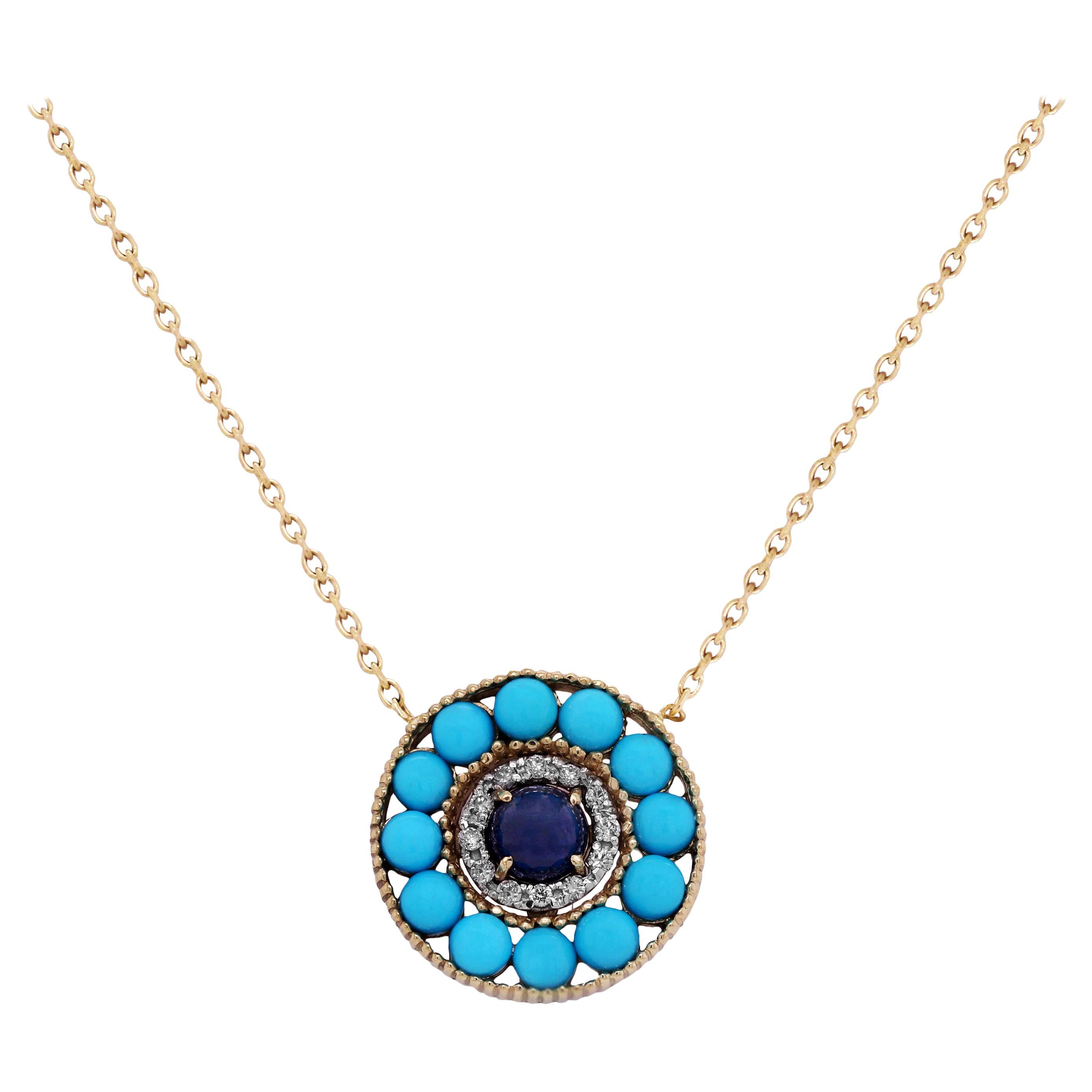 Stambolian Gold and Diamond Evil Eye Pendant with Turquoise and Blue Sapphire