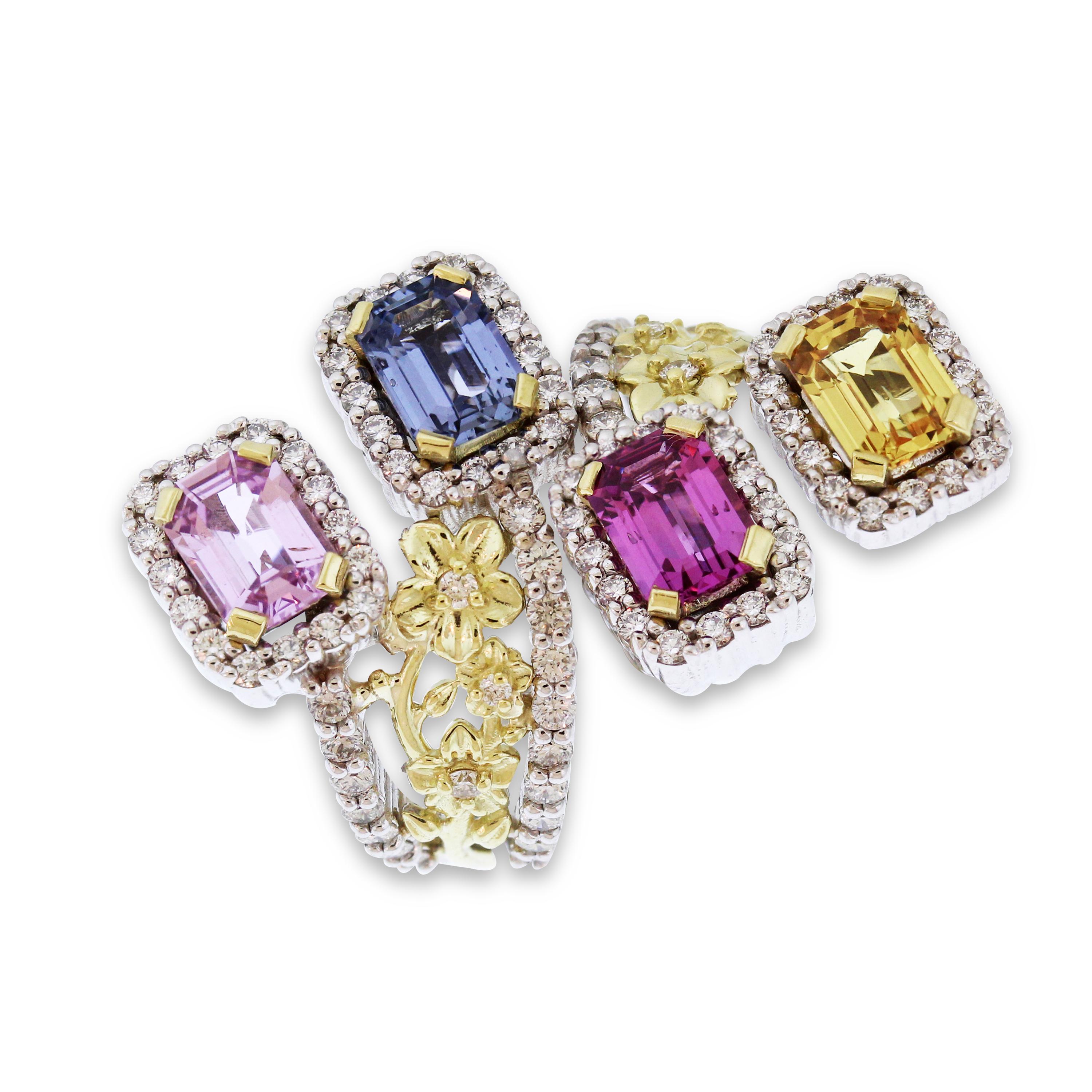 18K Yellow and White Gold Floral Ring with Multi-Color Sapphires and Diamonds

This one-of-a-kind piece by Stambolian showcases the true art, design and craftsmanship that goes behind each piece they design

Ring band is done in two-tone gold with