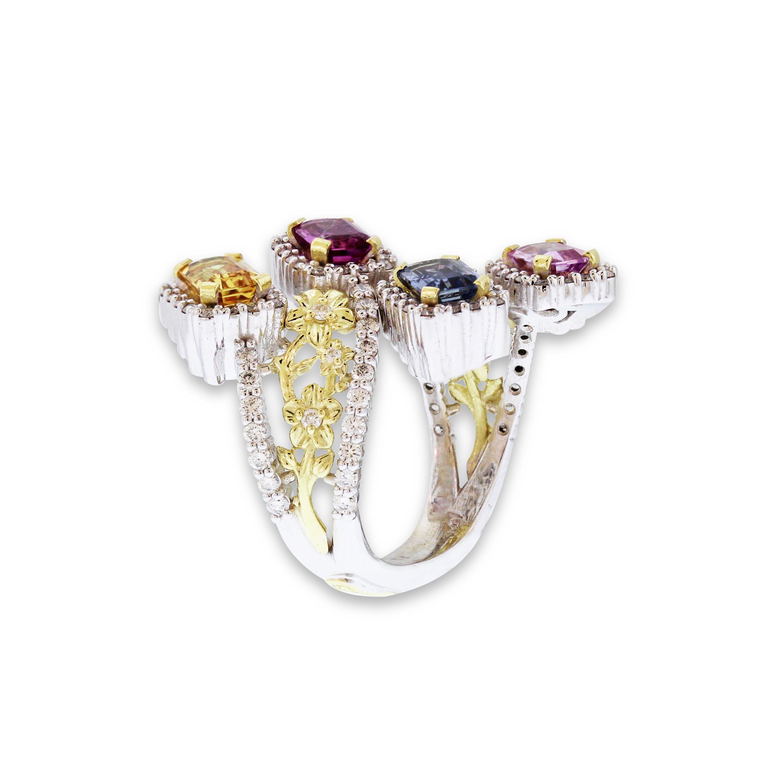 Emerald Cut Stambolian Gold and Diamond Floral Ring with No Heat Multi-Color Sapphires