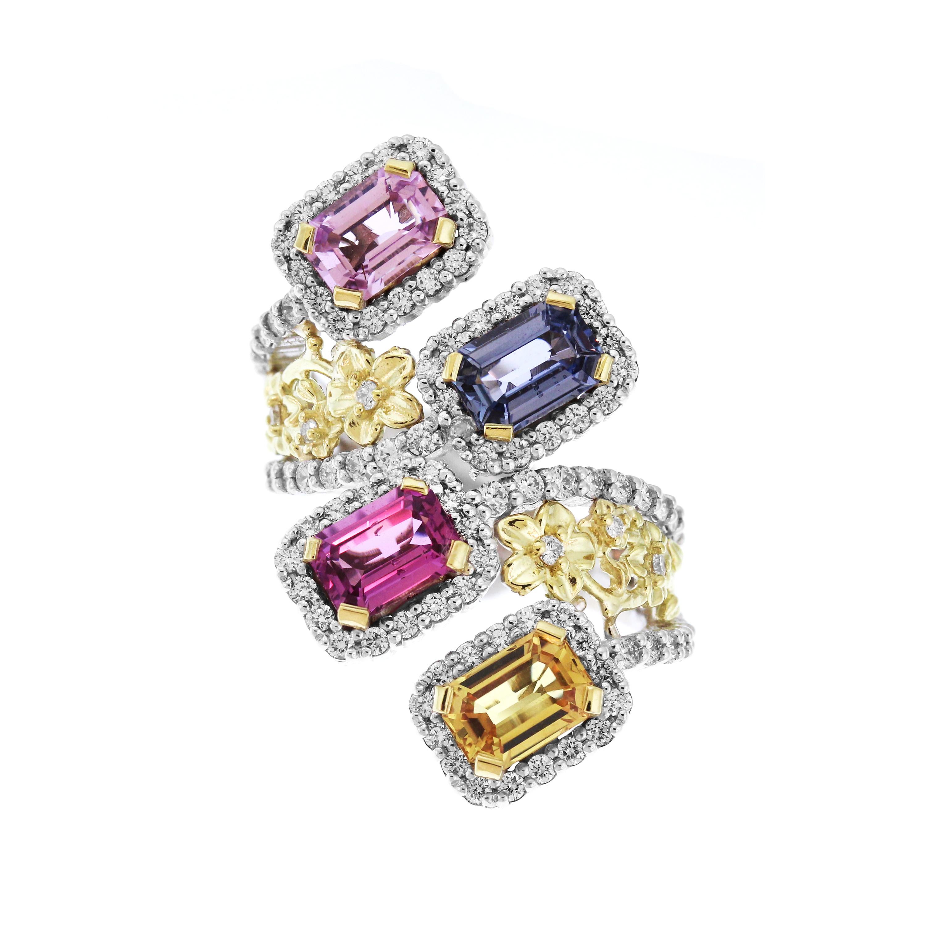 Stambolian Gold and Diamond Floral Ring with No Heat Multi-Color Sapphires In New Condition In Boca Raton, FL