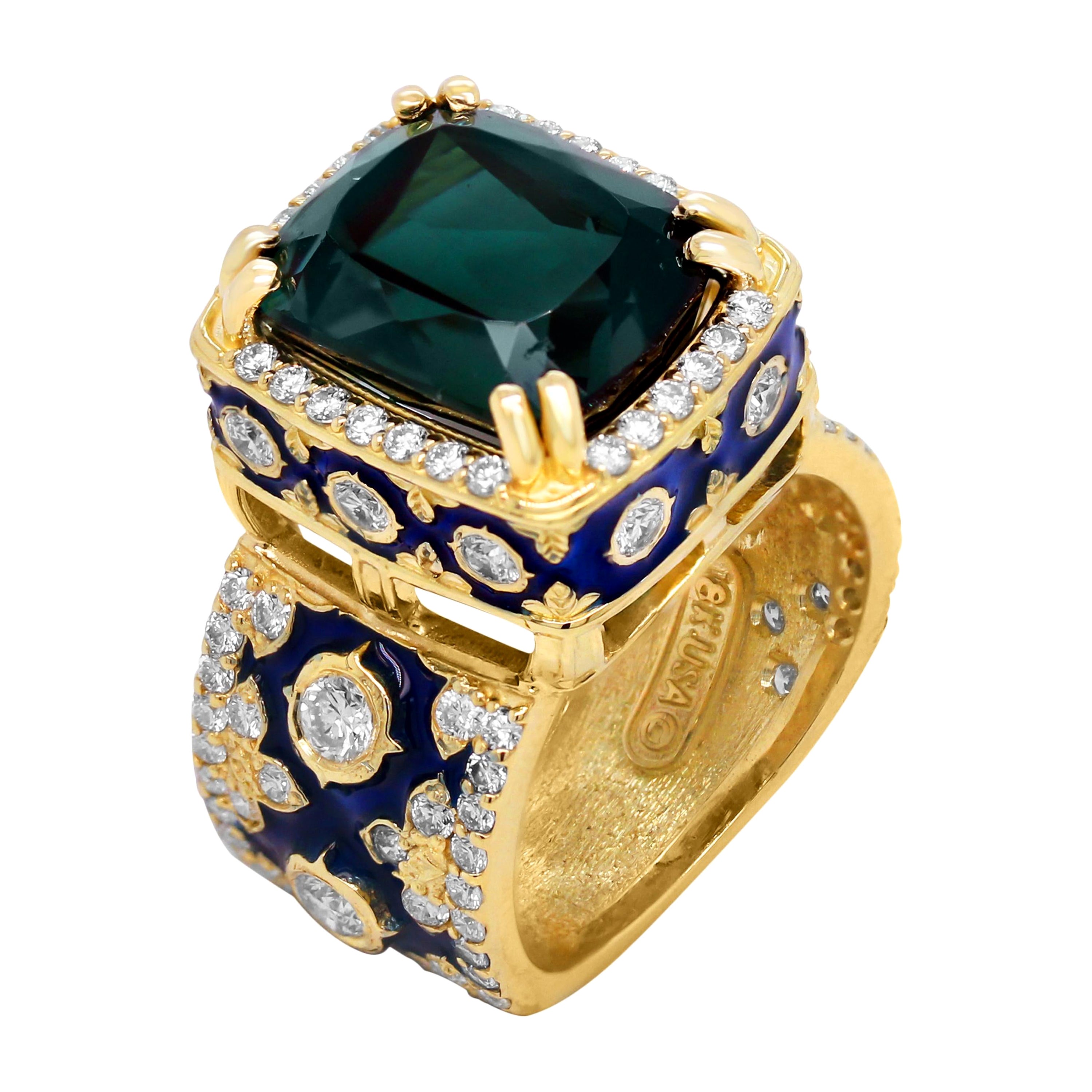 Stambolianischer Ring mit grünem Turmalin, 18 Karat Gelbgold, Diamant und marineblauer Emaille