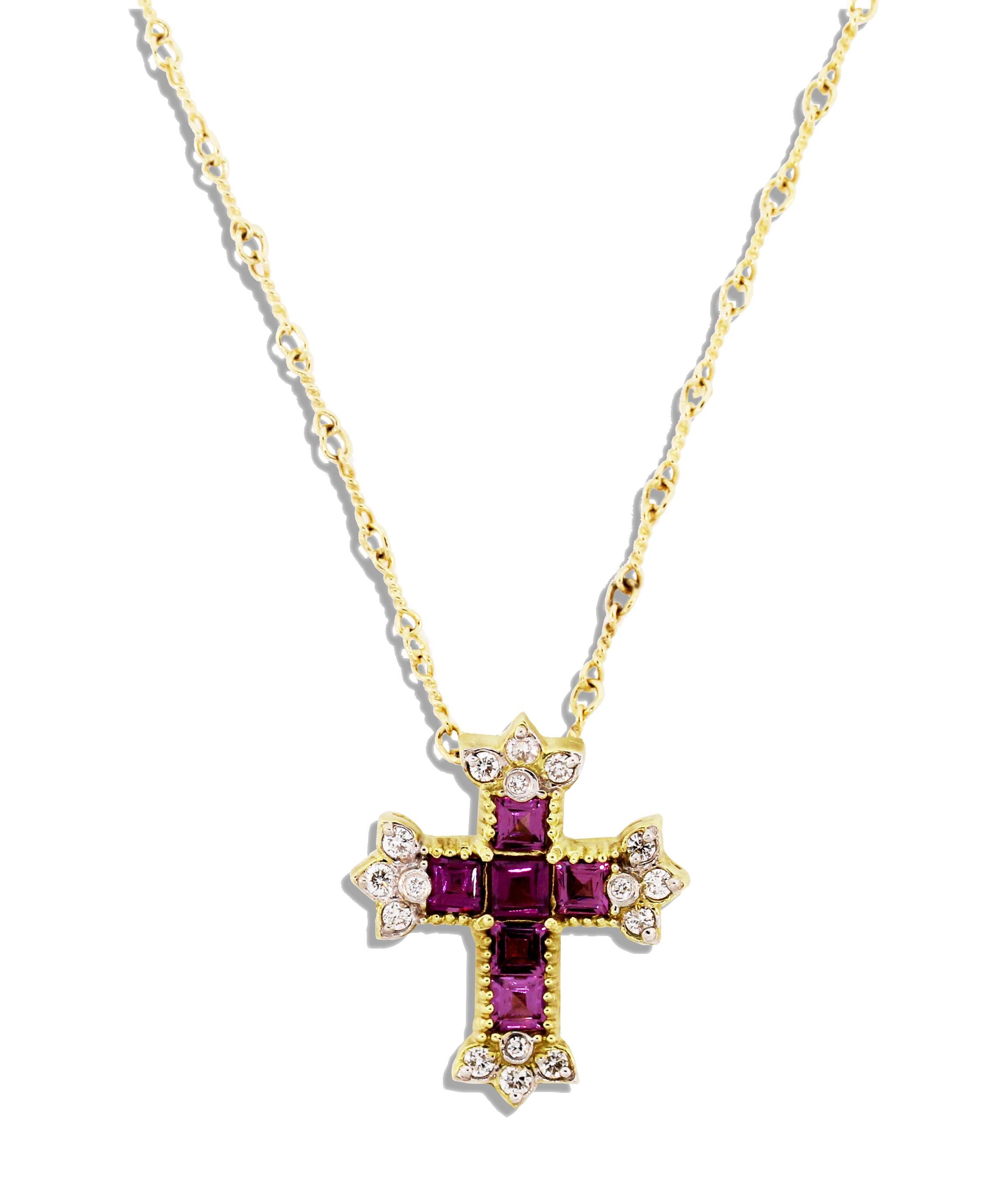 IF YOU ARE REALLY INTERESTED, CONTACT US WITH ANY REASONABLE OFFER. WE WILL TRY OUR BEST TO MAKE YOU HAPPY!

18K Yellow Gold and Diamond Cross Pendant with Magenta Garnet and Diamonds by Stambolian

Six Princess-cut Magenta Garnets and Diamonds make