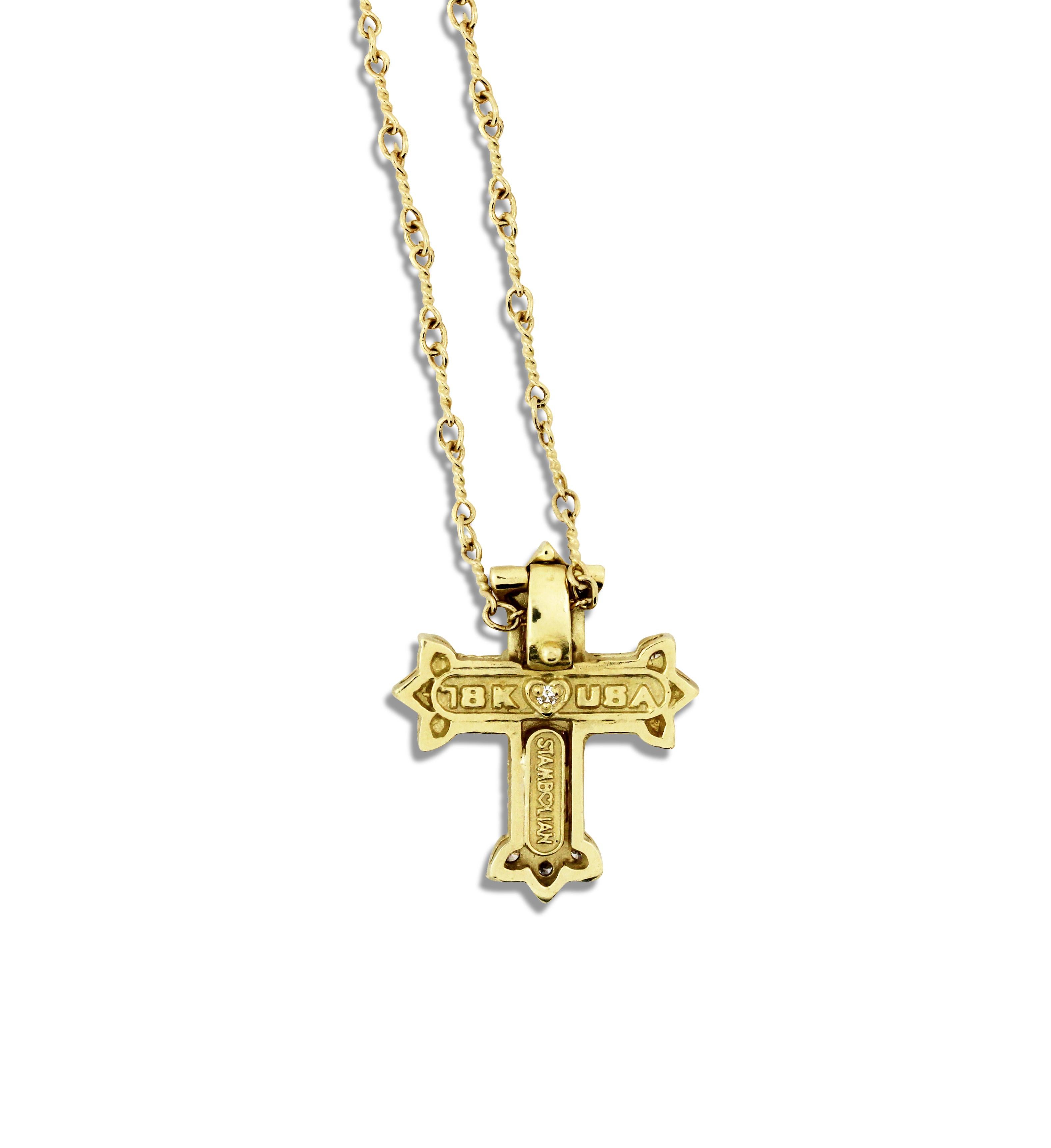 Princess Cut Stambolian Magenta Garnet Diamond Yellow Gold Cross Pendant with Chain Necklace