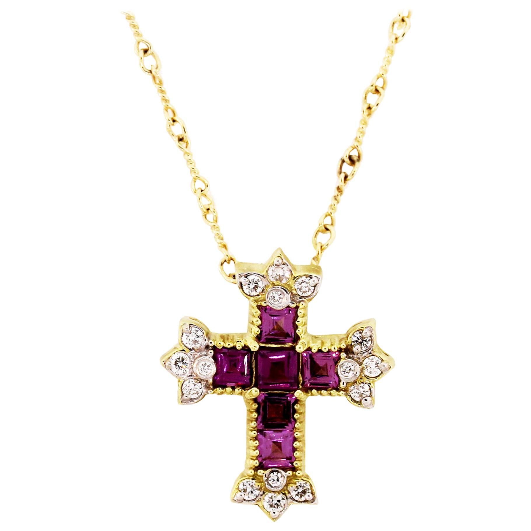 Stambolian Magenta Garnet Diamond Yellow Gold Cross Pendant with Chain Necklace