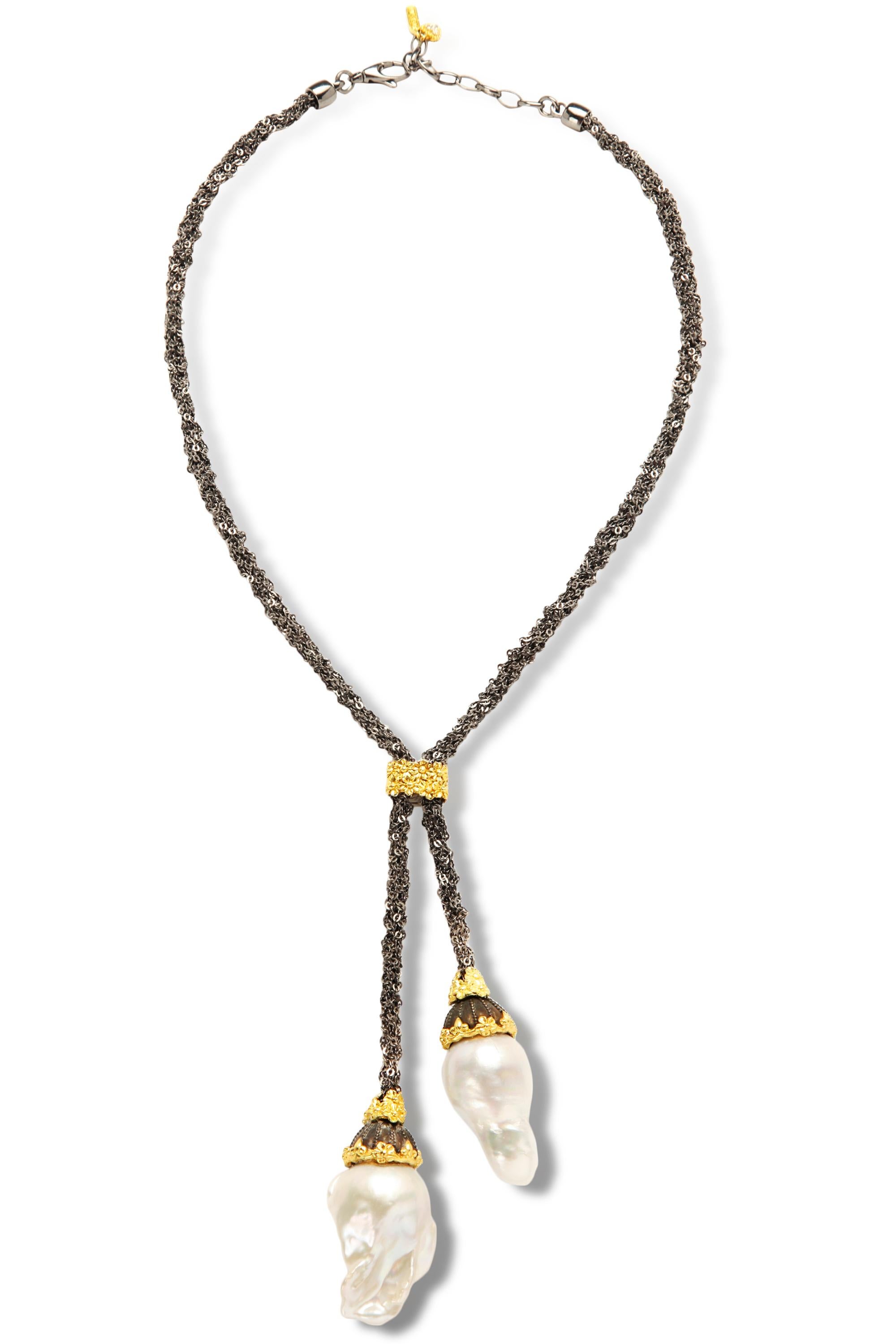 Modern Stambolian Mesh Aged Silver Chain  18K Gold Baroque Pearl Drops Lariat Necklace  For Sale