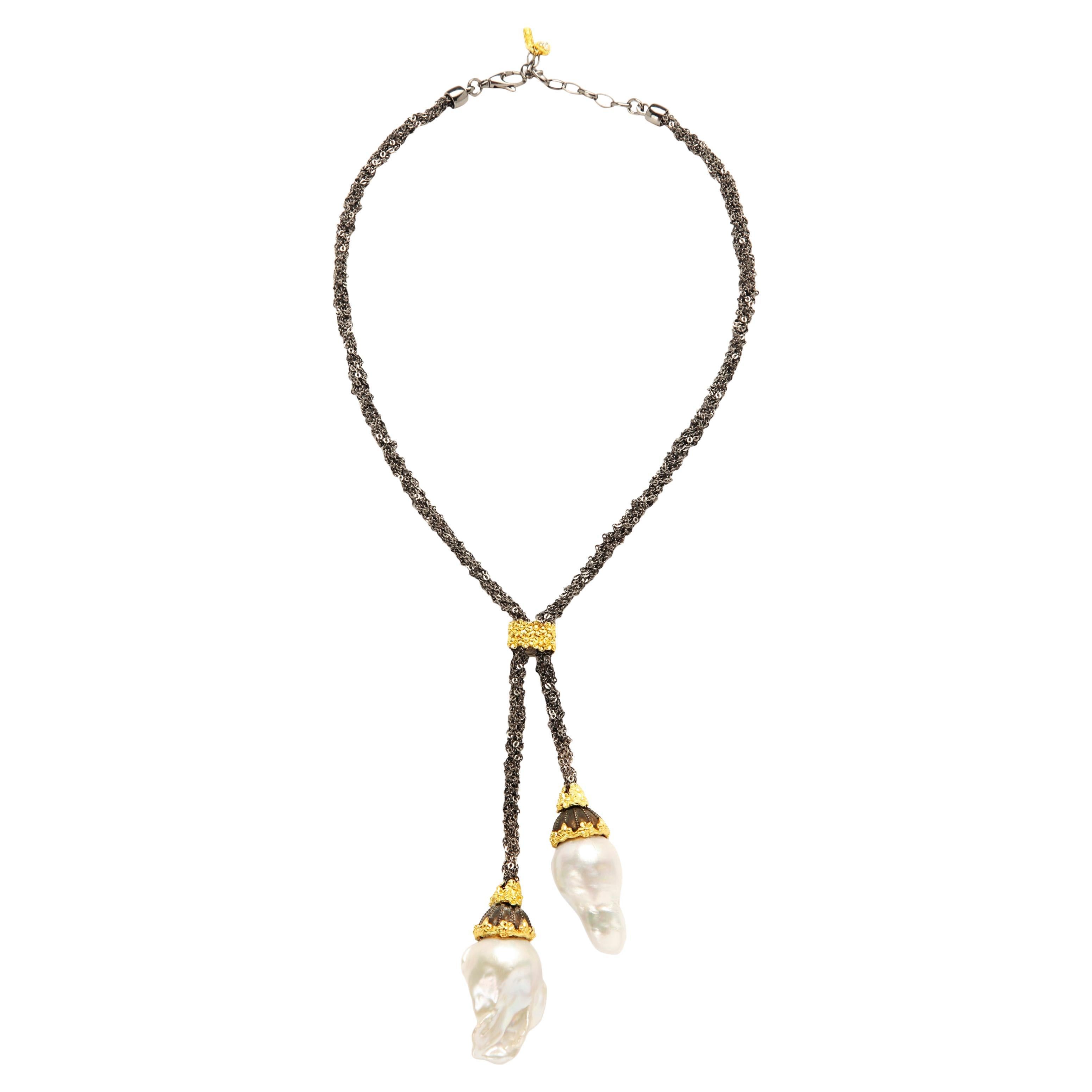 Gealterte Silberkette aus Mesh von Stambolian  18 Karat Gold Barock Perlentropfen Tropfen Lariat Halskette  im Angebot