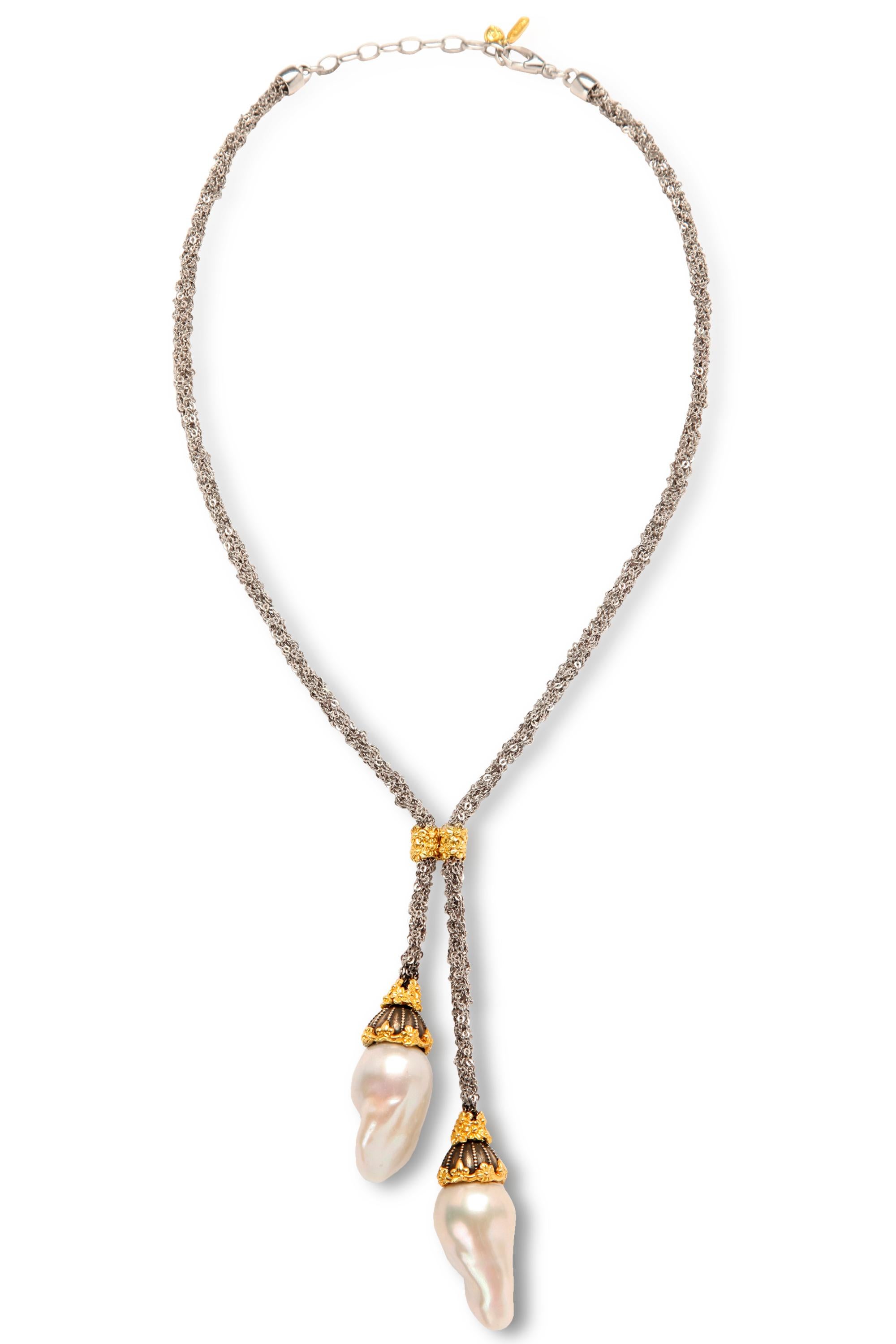 Modern Stambolian Mesh Silver Chain and 18K Gold Baroque Pearl Drops Lariat Necklace  For Sale