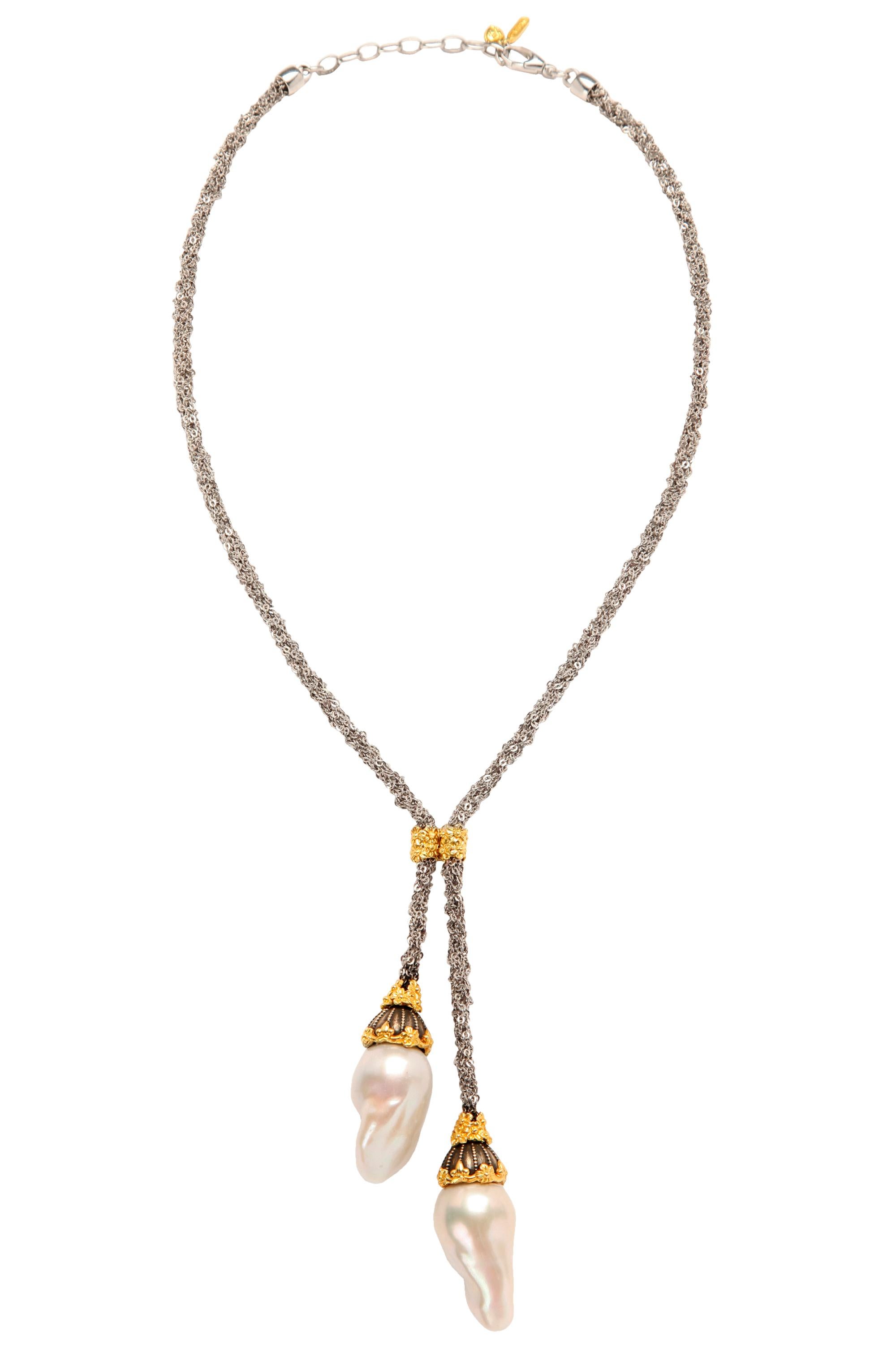Mixed Cut Stambolian Mesh Silver Chain and 18K Gold Baroque Pearl Drops Lariat Necklace  For Sale
