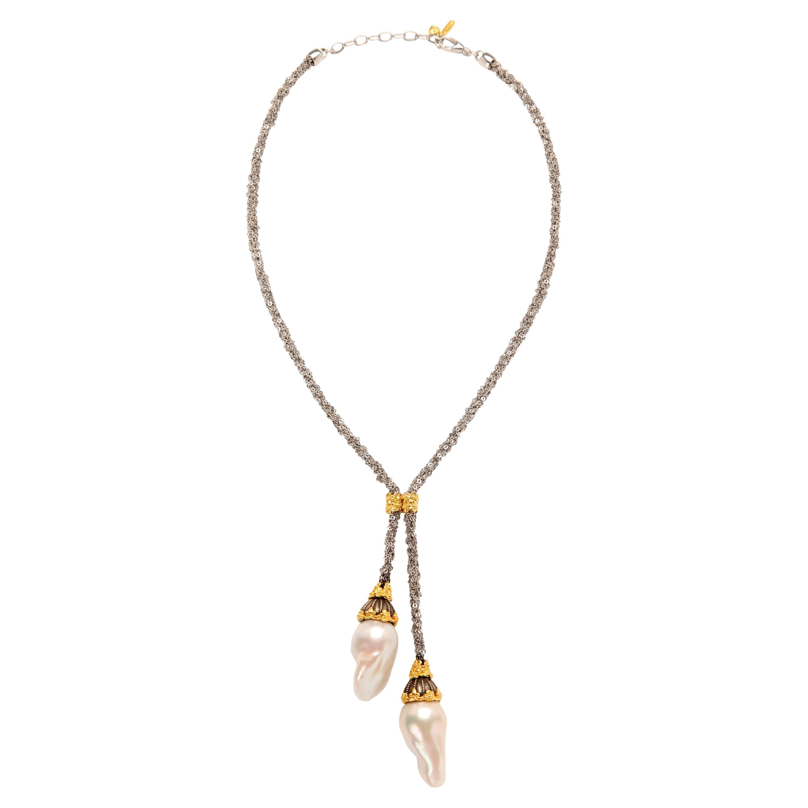 Stambolian Mesh Silver Chain and 18K Gold Baroque Pearl Drops Lariat Necklace  For Sale