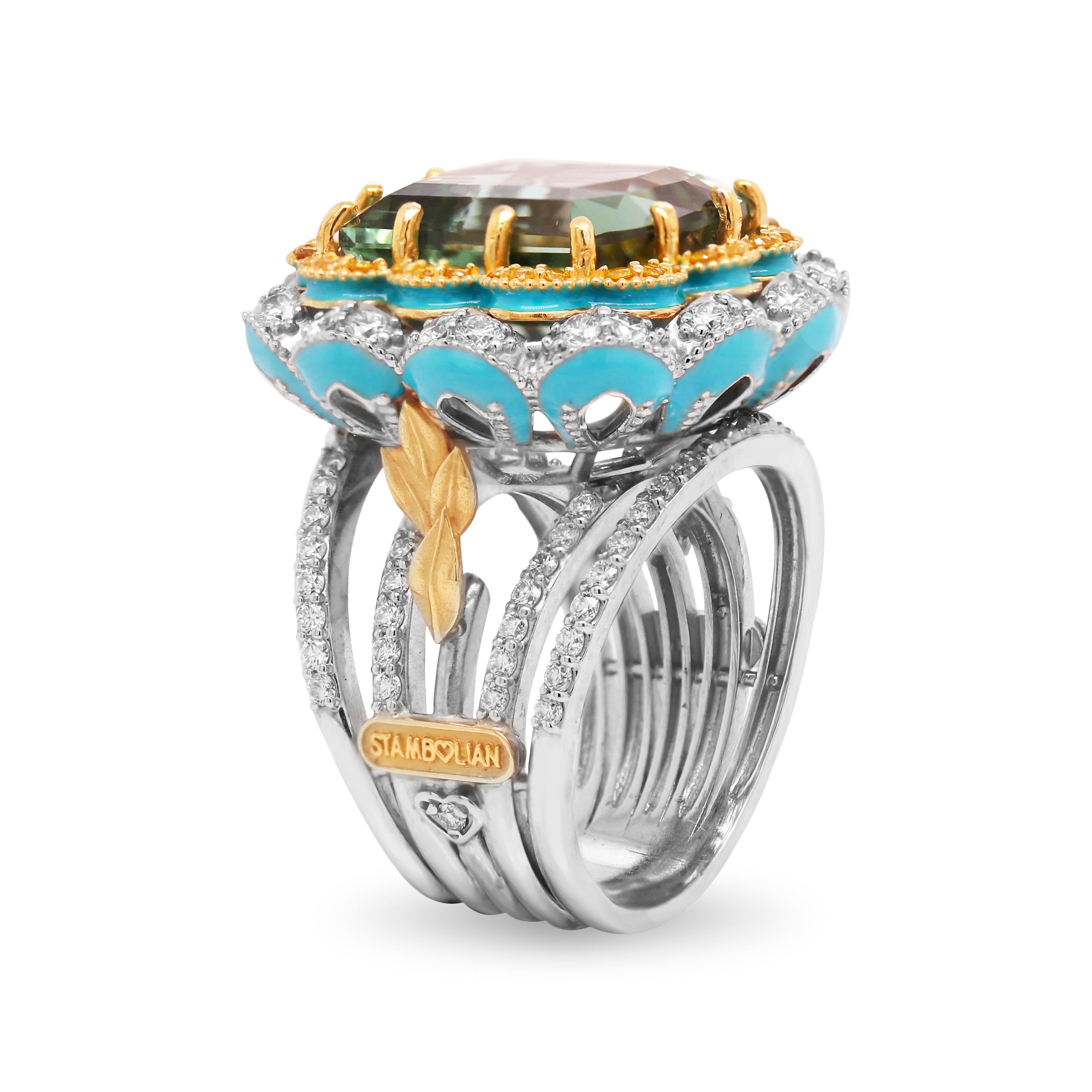 18K Two Tone Yellow and White Gold Large Ring with Mint Green Tourmaline Center and Yellow and White Diamonds with Baby Blue Enamel by Stambolian

This one-of-a-kind masterpiece features a four diamond band leading to a large face with white and