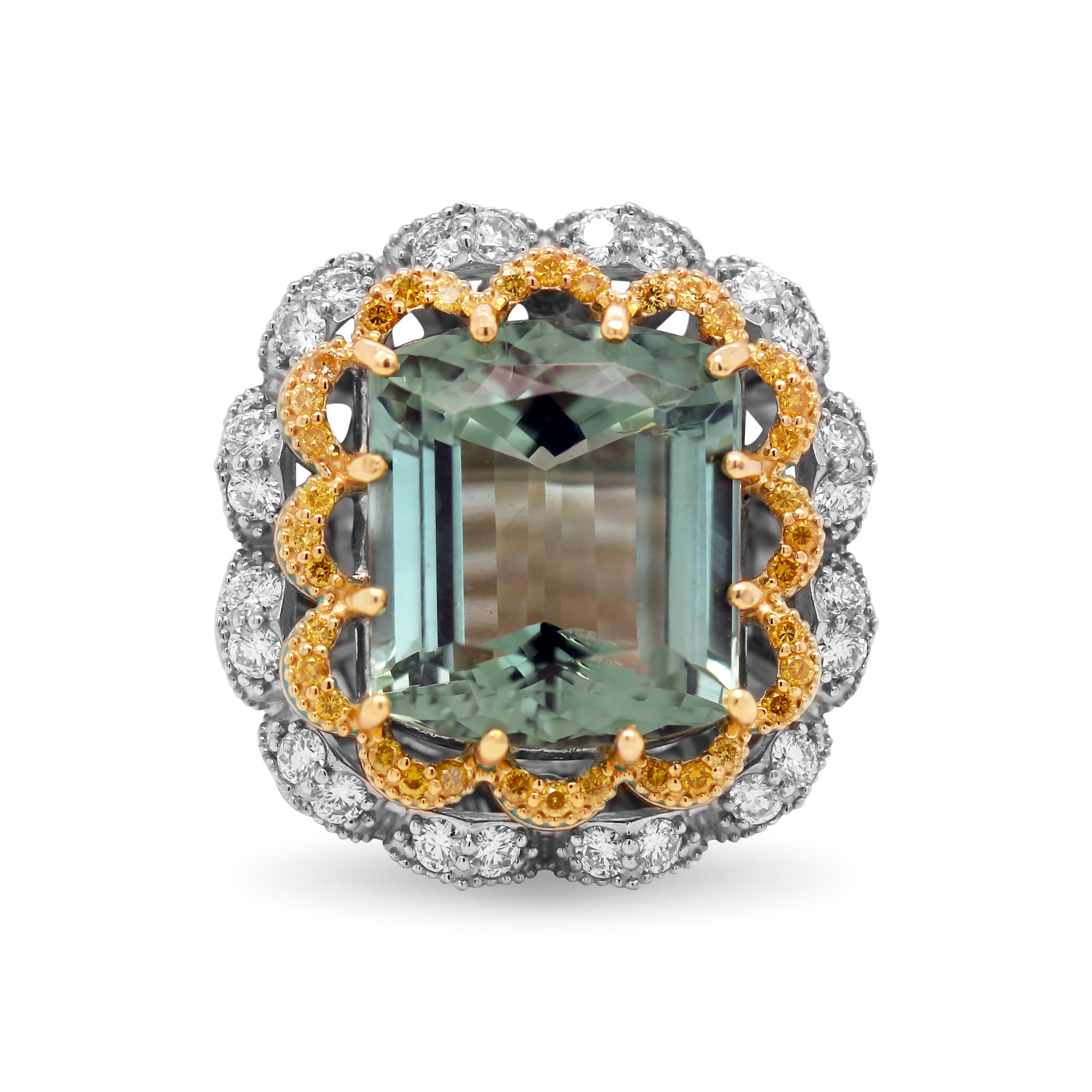 Contemporary Stambolian Mint Green Tourmaline Yellow White Diamonds Blue Enamel 18K Gold Ring