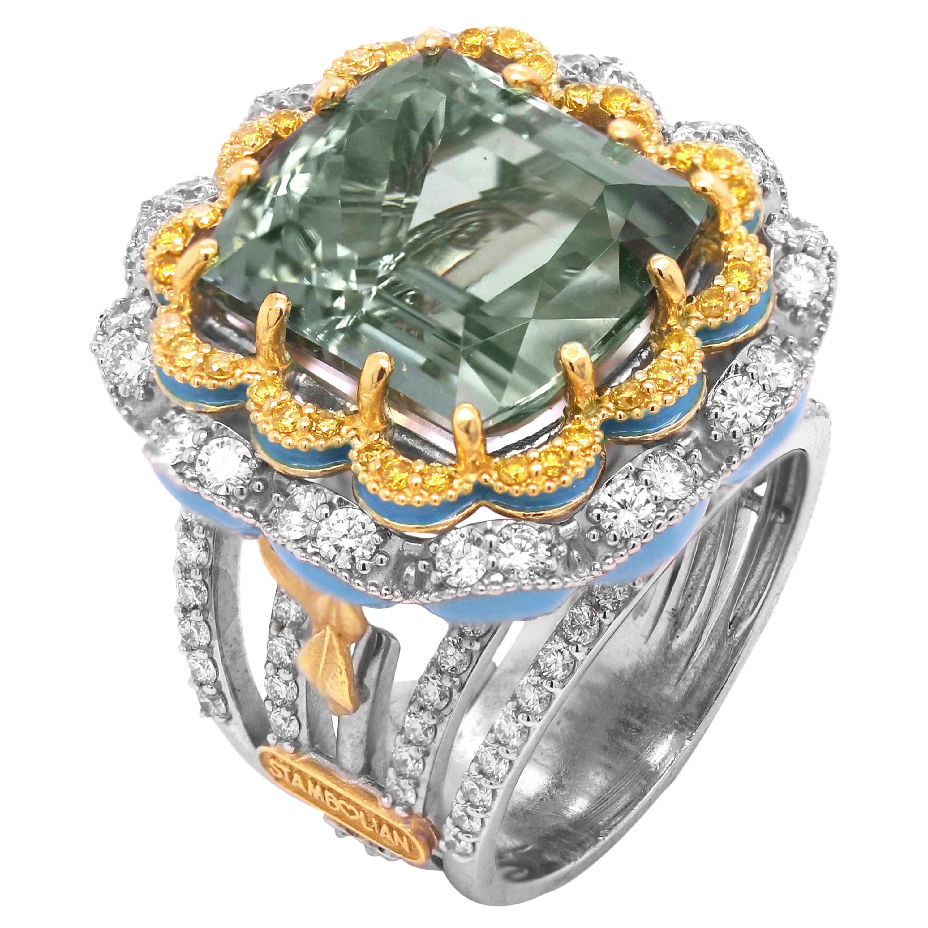 Stambolian Mint Green Tourmaline Yellow White Diamonds Blue Enamel 18K Gold Ring