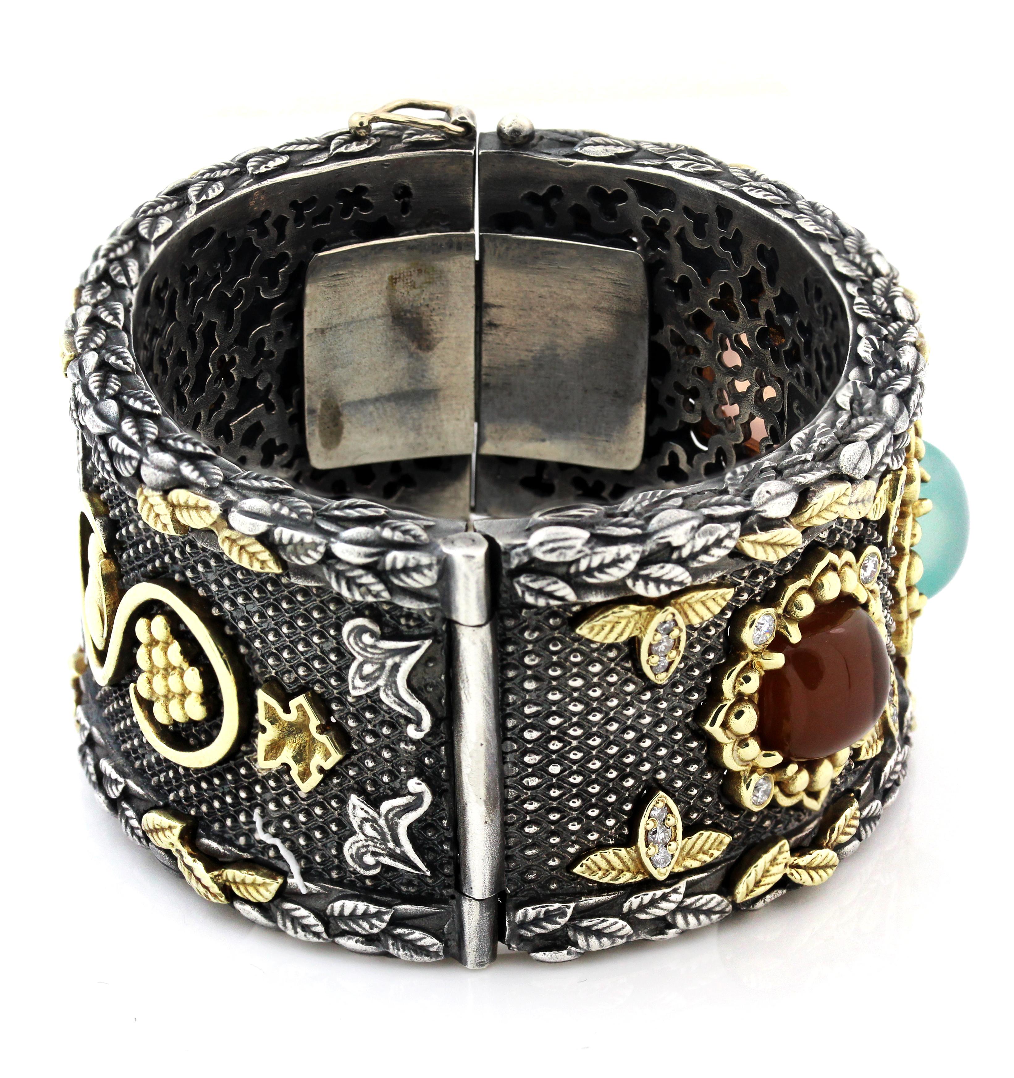 Contemporary Stambolian Multi-Color Chalcedony Sterling Silver 18k Gold Diamond Cuff Bracelet