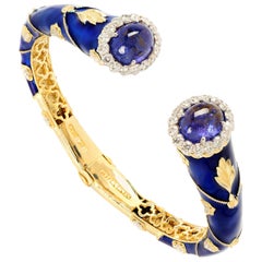 Stambolian Navy Blue Enamel 18K Gold Diamonds Cabochon Tanzanite Bangle Bracelet