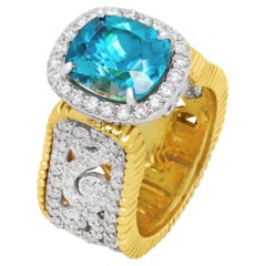 Stambolian Neon Blue Zircon 18K Two Tone Gold and Diamonds Cocktail Ring
