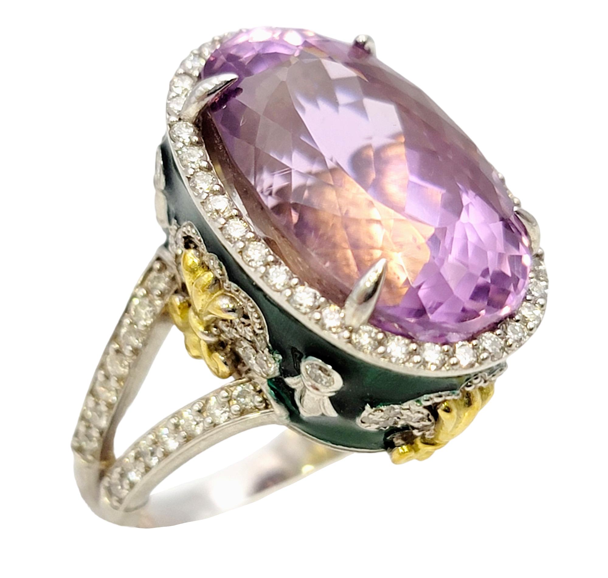 Stambolian Oval Kunzite with Diamond Halo and Green Enamel High Profile Ring 6