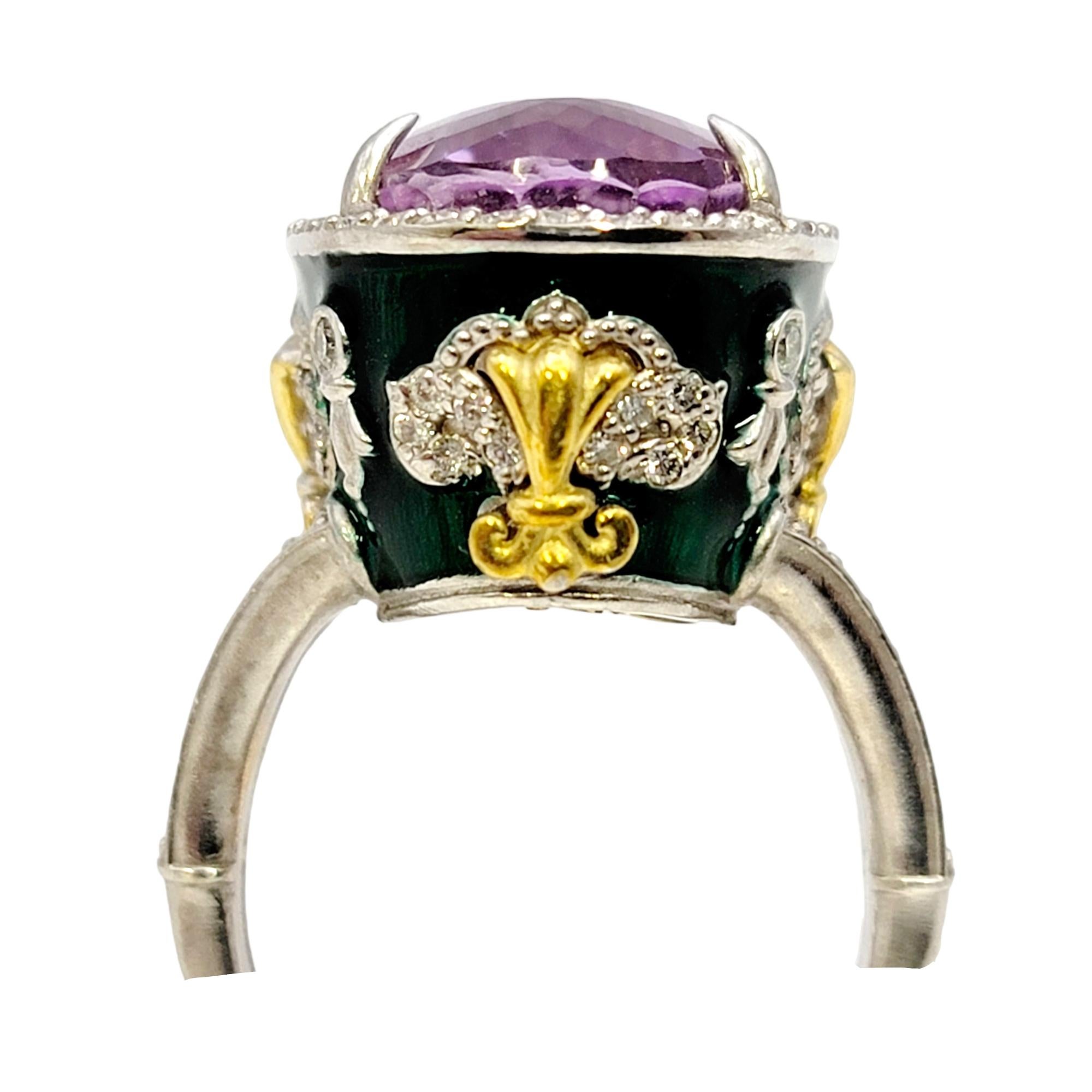 Stambolian Oval Kunzite with Diamond Halo and Green Enamel High Profile Ring 7