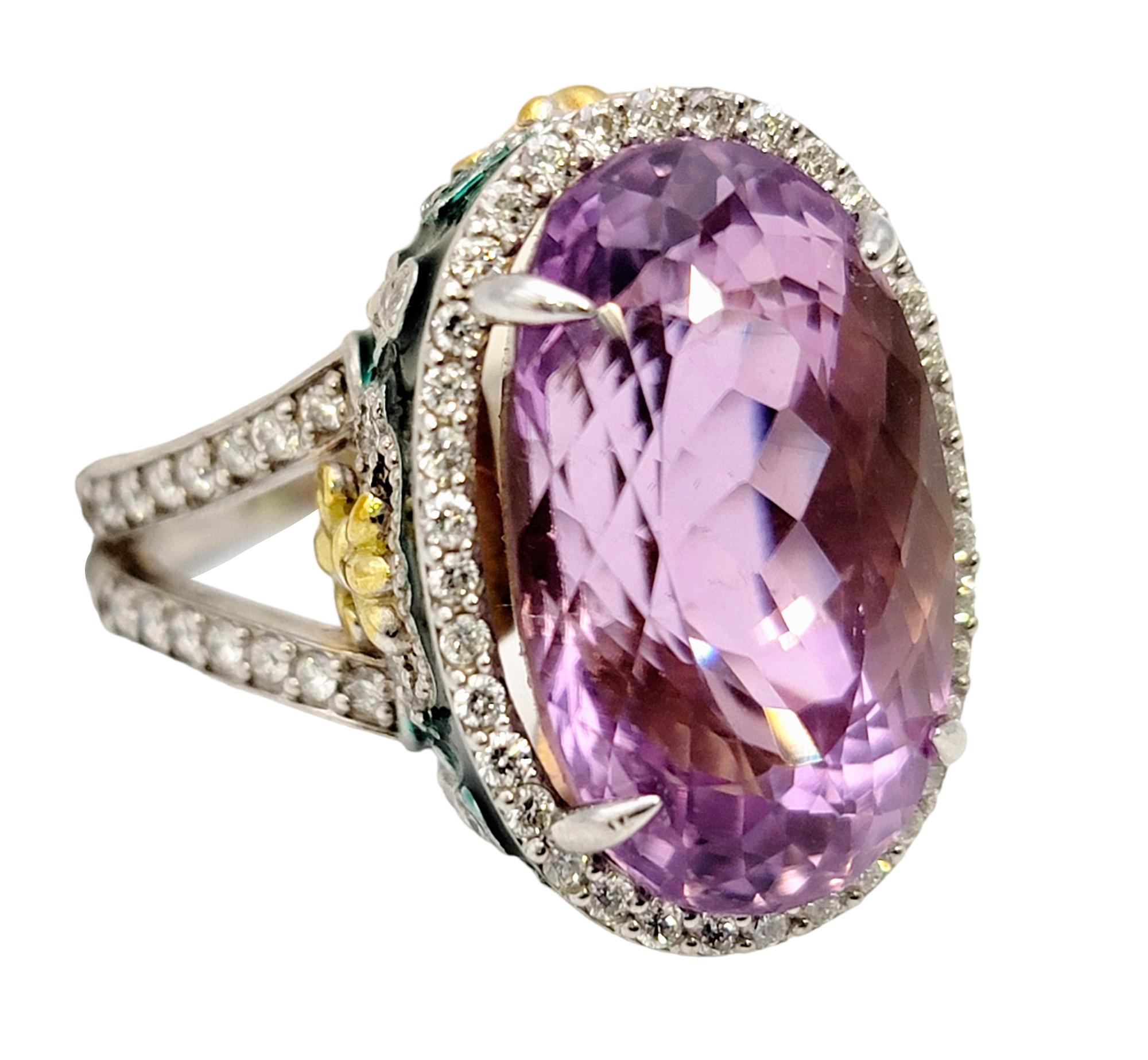 Stambolian Oval Kunzite with Diamond Halo and Green Enamel High Profile Ring 8