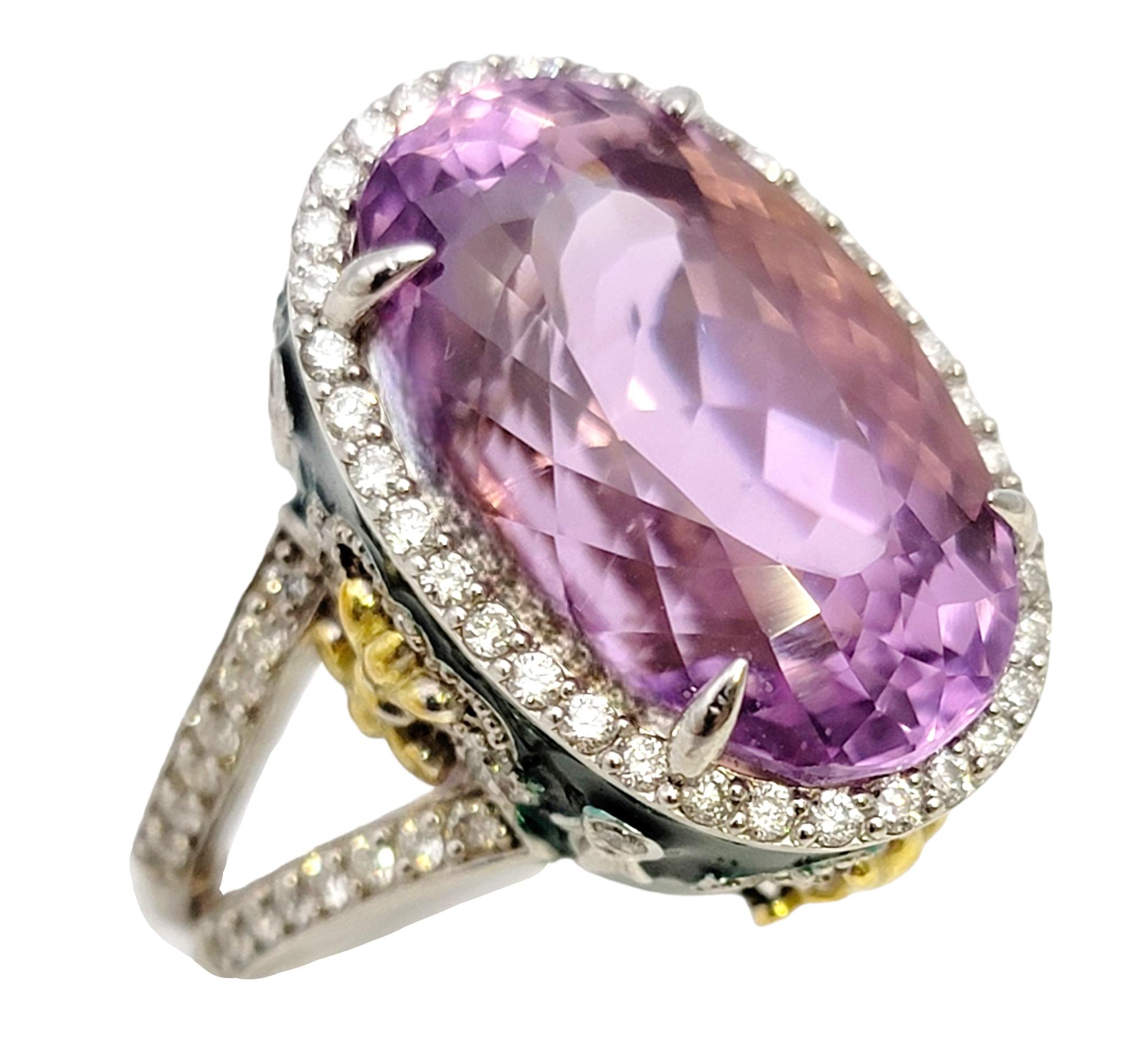 Stambolian Oval Kunzite with Diamond Halo and Green Enamel High Profile Ring 10