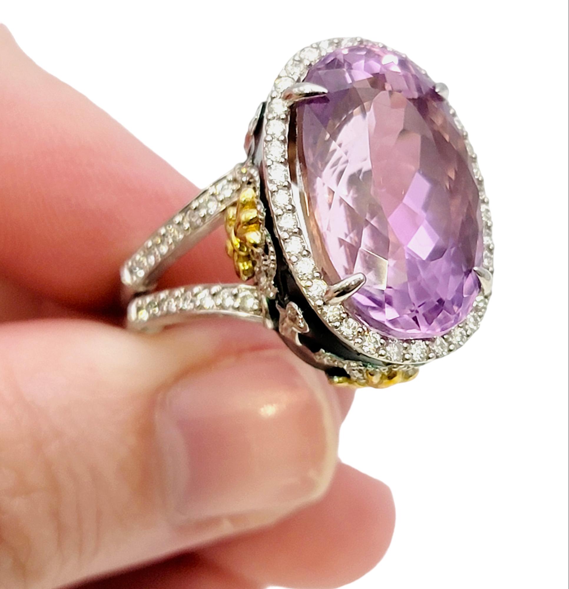 Stambolian Oval Kunzite with Diamond Halo and Green Enamel High Profile Ring 11