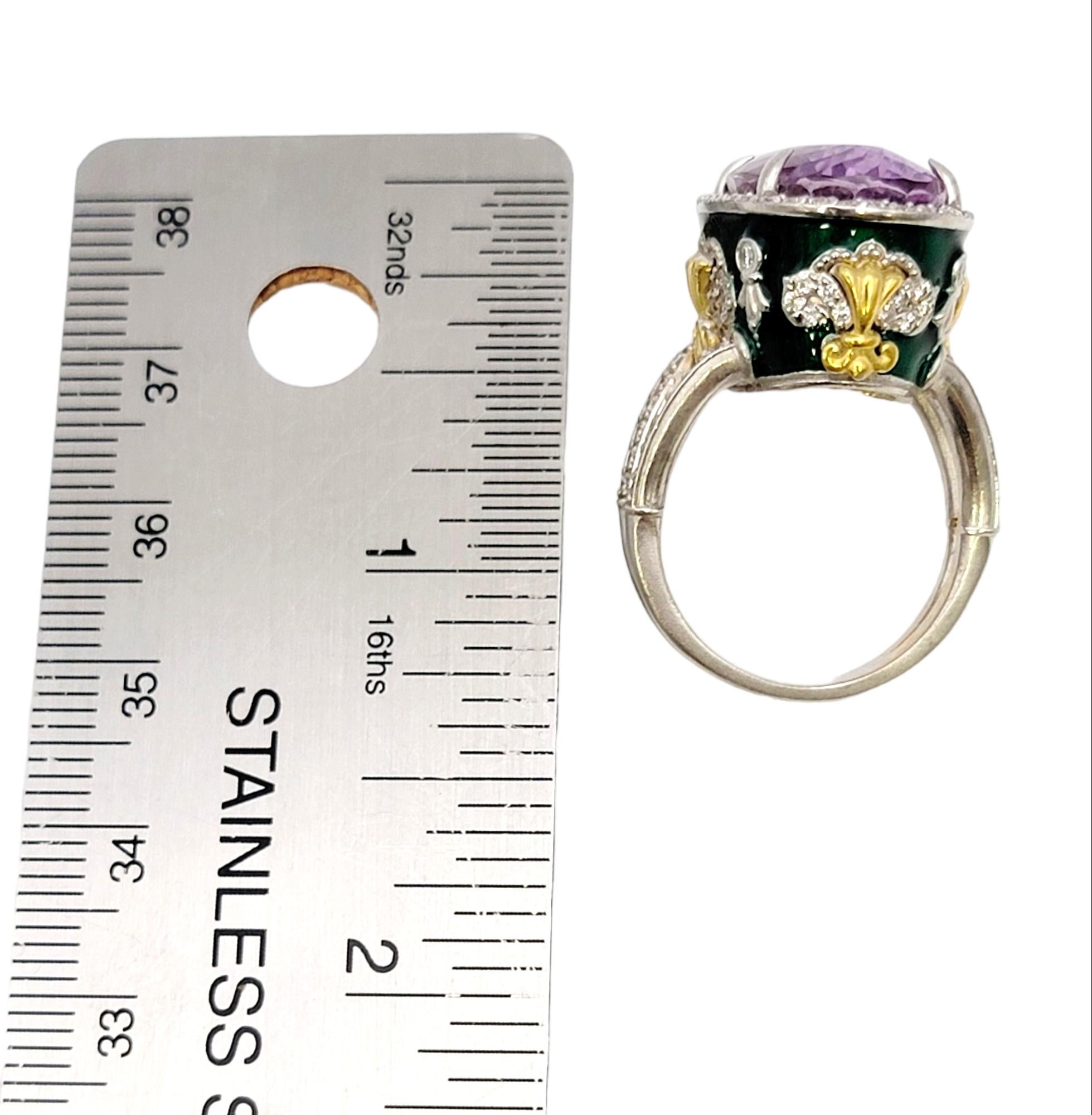 Stambolian Oval Kunzite with Diamond Halo and Green Enamel High Profile Ring 14