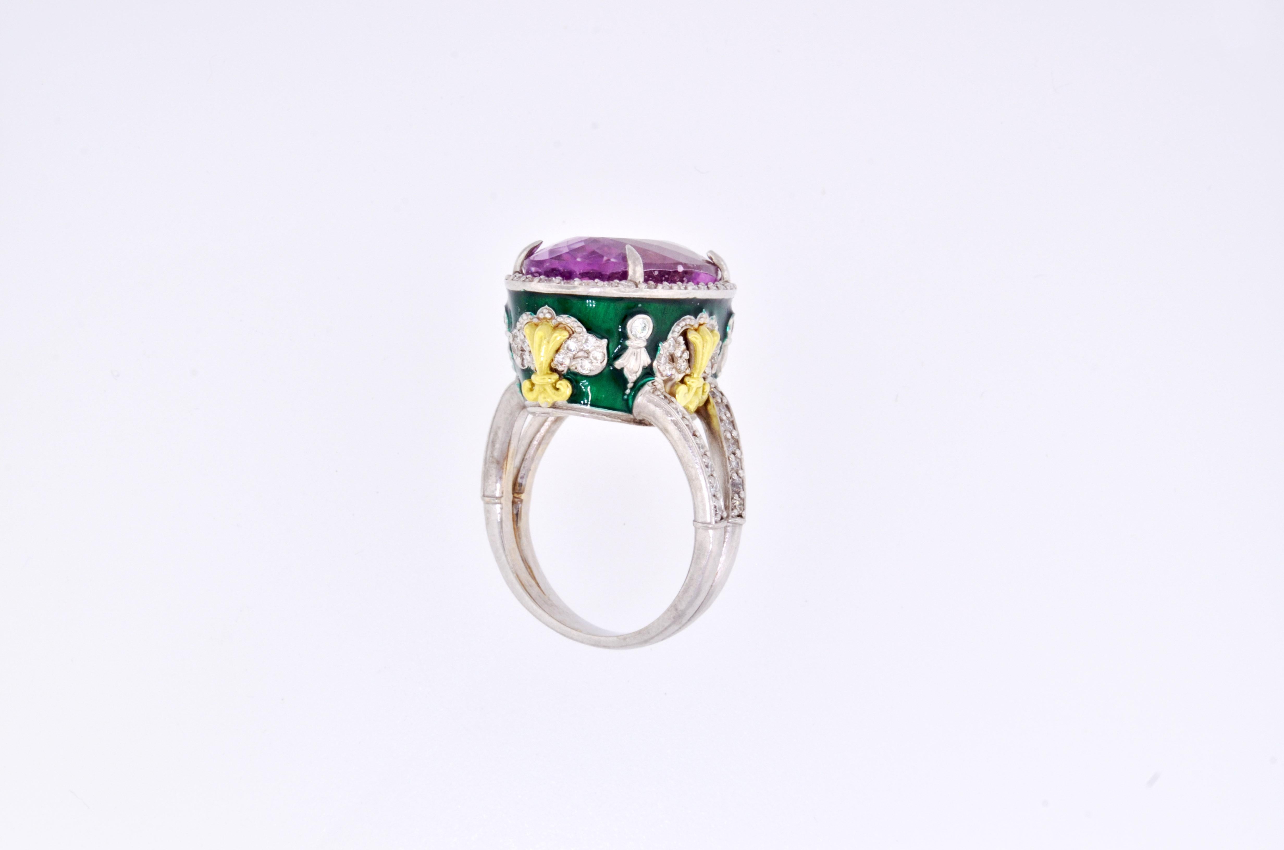 Contemporary Stambolian Oval Kunzite with Diamond Halo and Green Enamel High Profile Ring