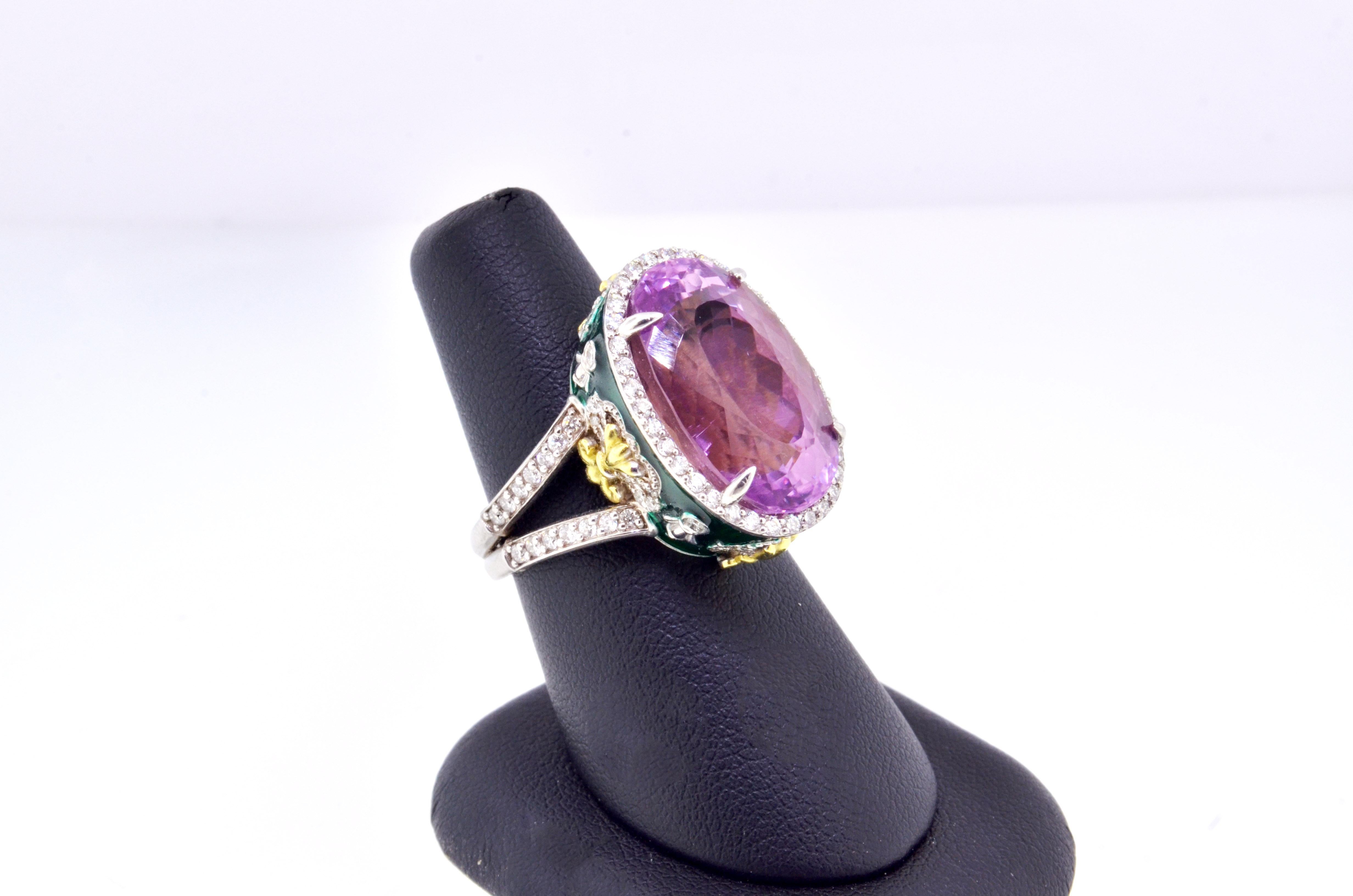 Oval Cut Stambolian Oval Kunzite with Diamond Halo and Green Enamel High Profile Ring