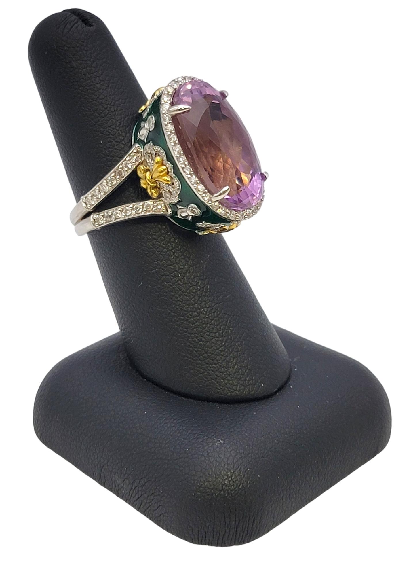 Stambolian Oval Kunzite with Diamond Halo and Green Enamel High Profile Ring 1