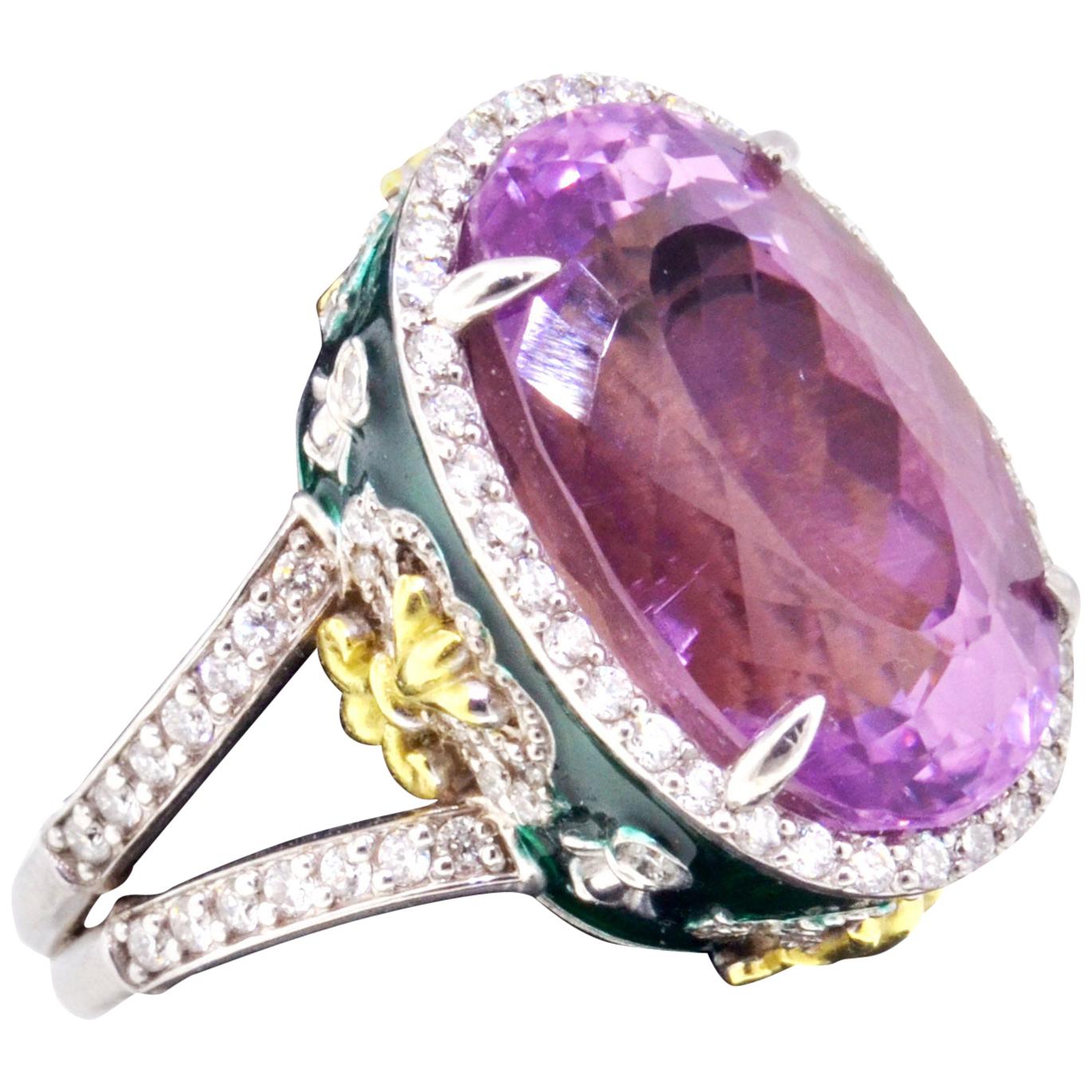 Stambolian Oval Kunzite with Diamond Halo and Green Enamel High Profile Ring