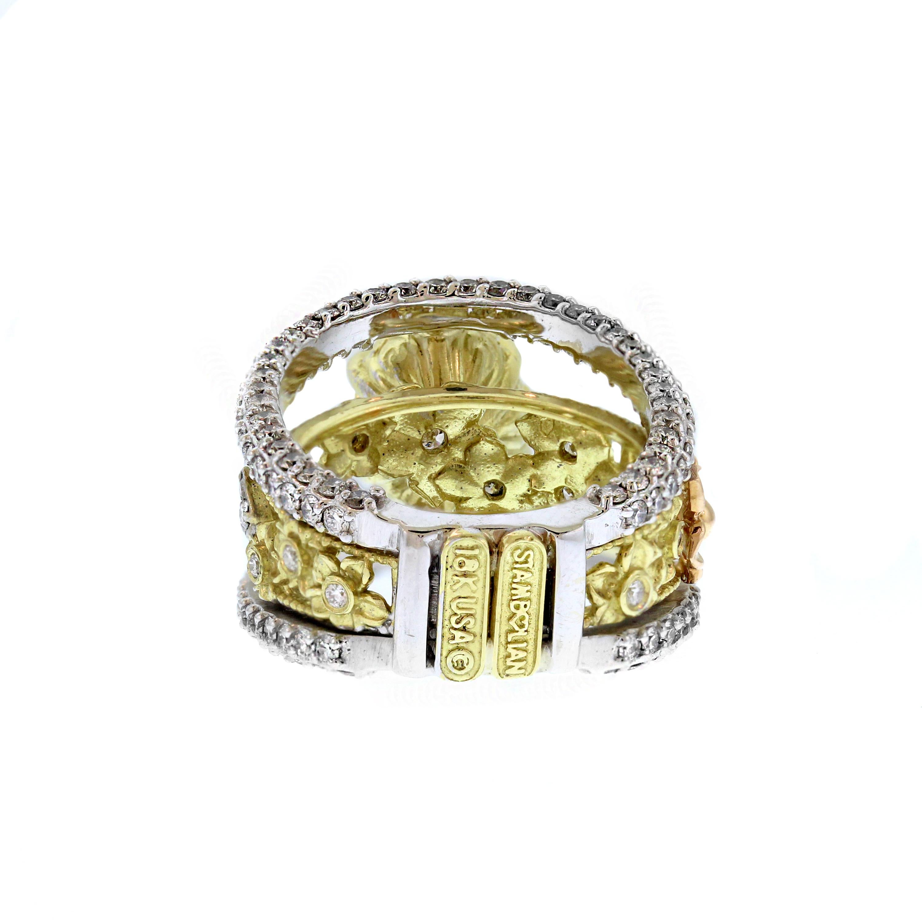 Stambolian 18K Tri-Color Gold Paraiba Copper Bearing Tourmaline Diamond Ring In Excellent Condition In Boca Raton, FL