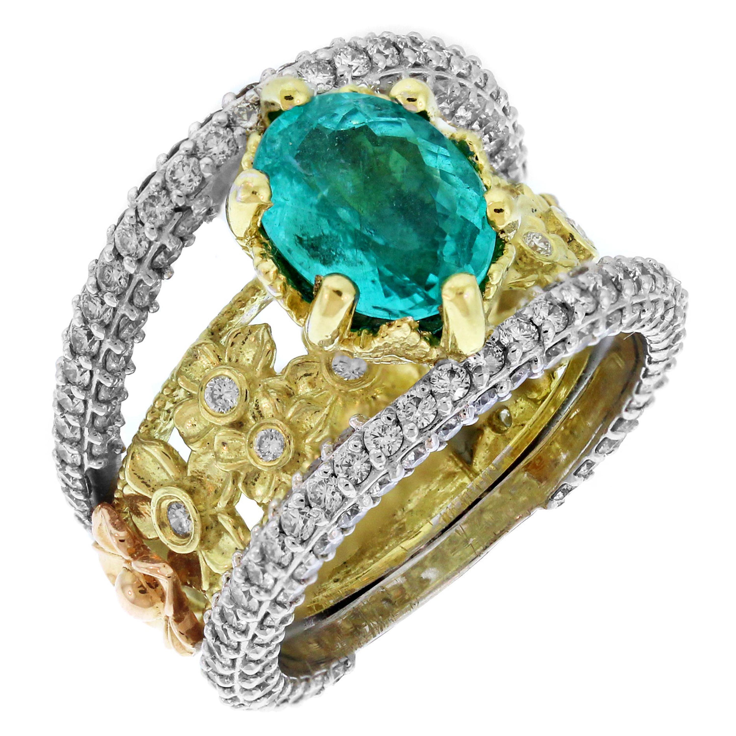 Stambolian 18K Tri-Color Gold Paraiba Copper Bearing Tourmaline Diamond Ring
