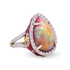 Stambolian Pear Shape Ethiopian Opal 18K Gold Diamond Red Enamel Cocktail Ring