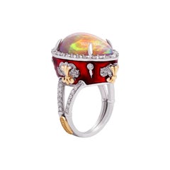 Stambolian Pear Shape Ethiopian Opal 18K Gold Diamond Red Enamel Cocktail Ring