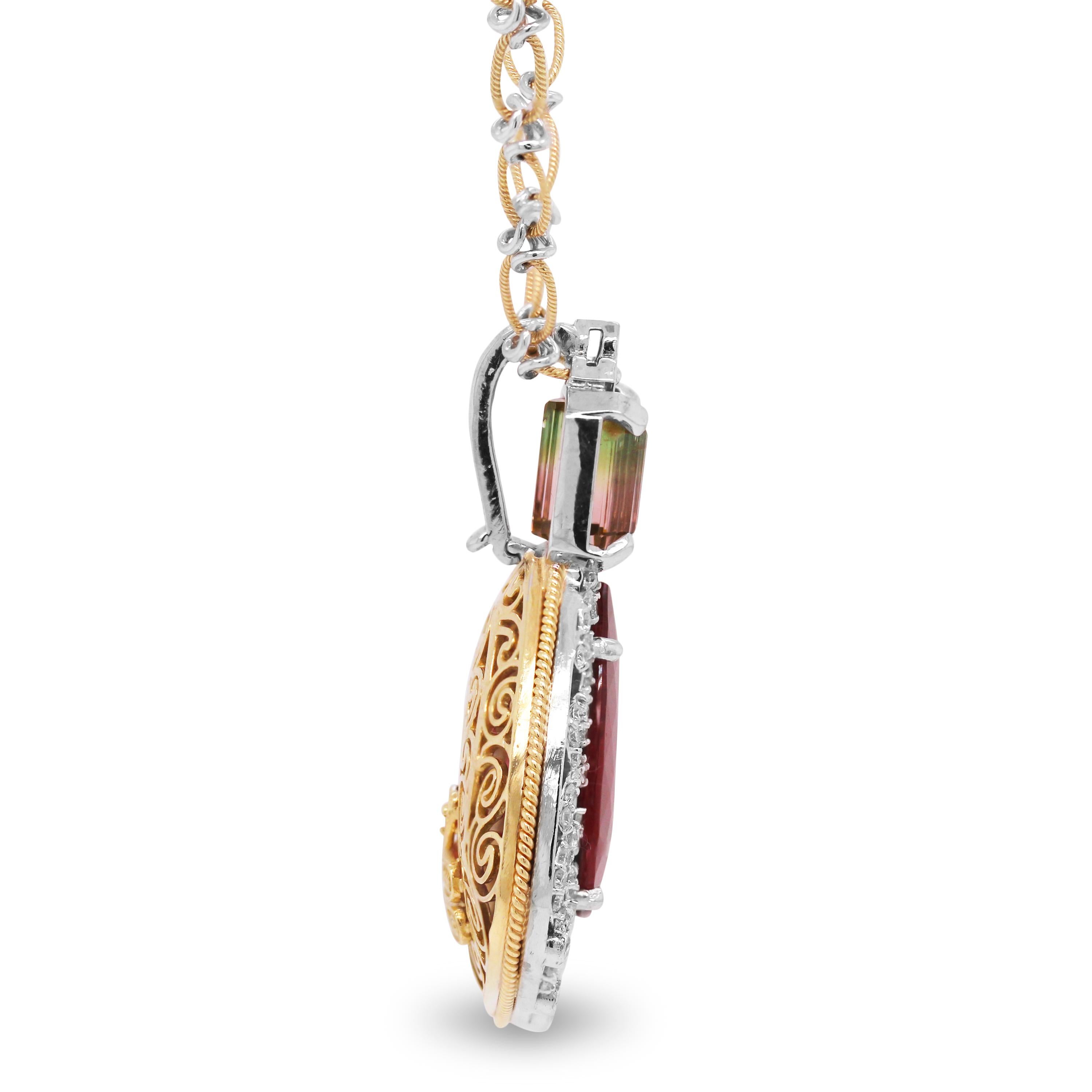 18K Yellow and White Two-Tone Gold and Diamond Pendant with Pearshape Rubelite and Bi-Color Tourmaline and Handmade Oval Link Chain by Stambolian

This one-of-one pendant was specially made to fit this Rubelite and Bi-Color Tourmaline together. The