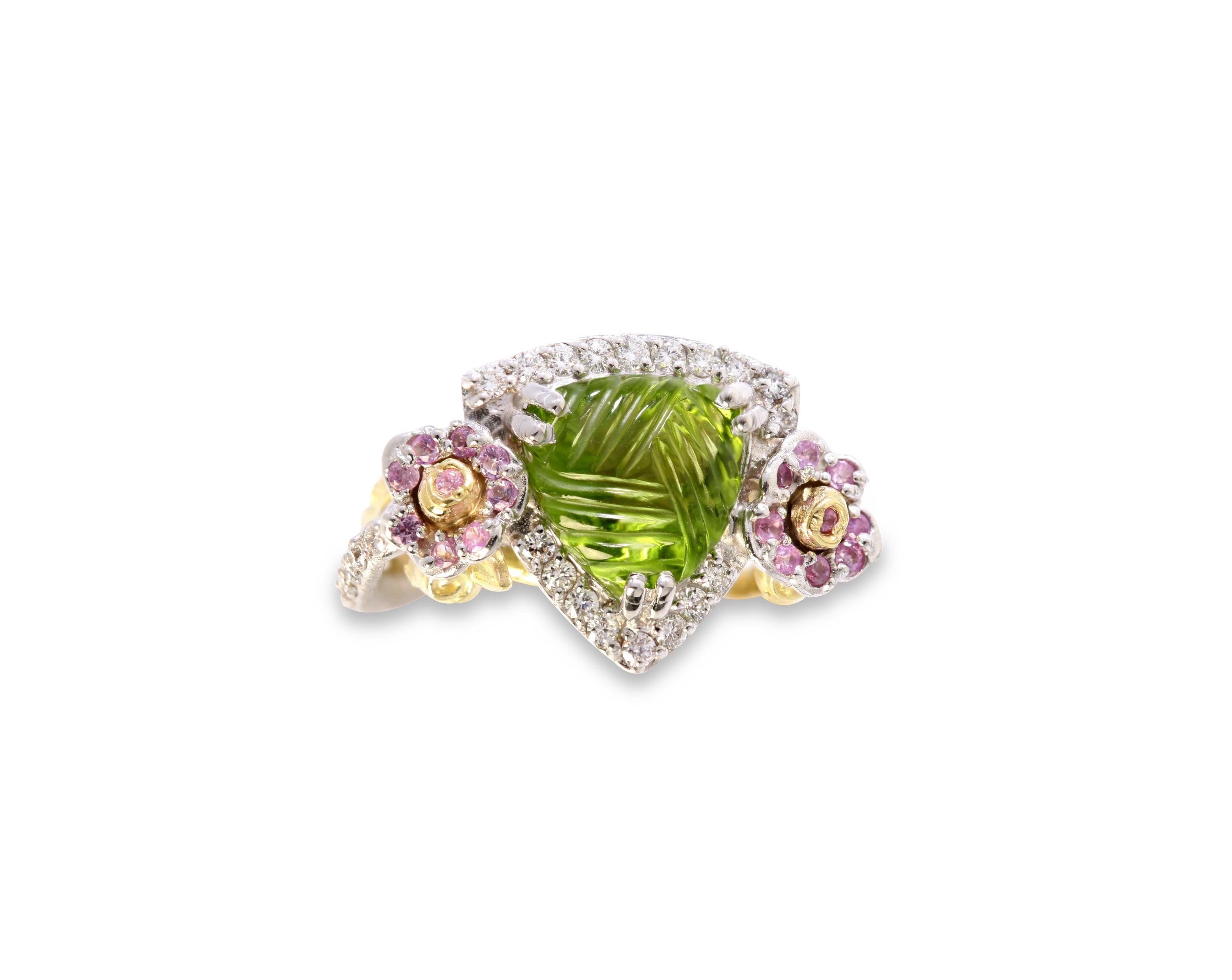 IF YOU ARE REALLY INTERESTED, CONTACT US WITH ANY REASONABLE OFFER. WE WILL TRY OUR BEST TO MAKE YOU HAPPY!

18K Two-Tone Yellow White and Diamond Floral Rose Ring with Pink Sapphires & Special Cut Peridot by Stambolian

This masterpiece by
