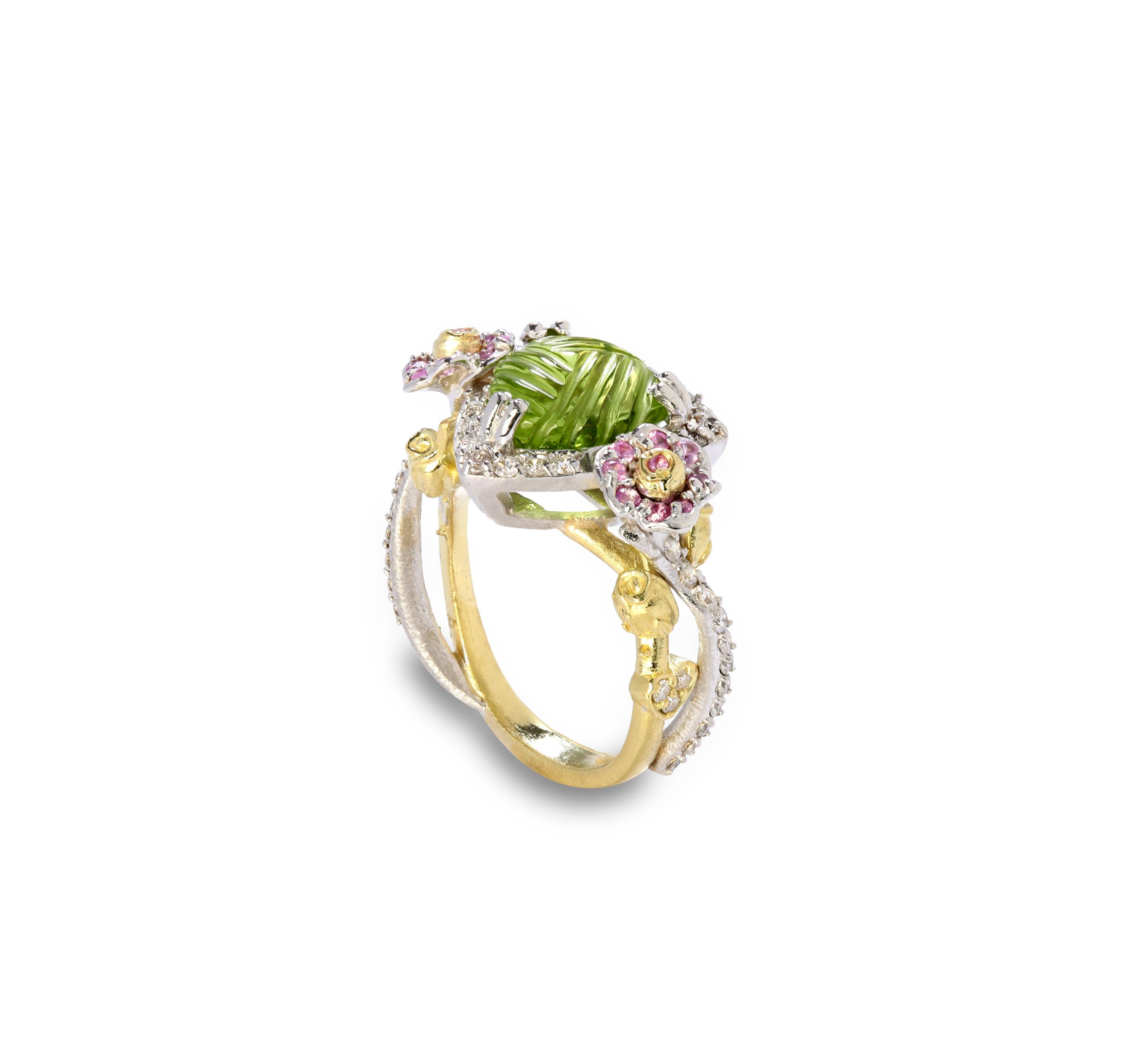 Trillion Cut Stambolian Peridot Pink Sapphire and Diamond Rose Floral Ring