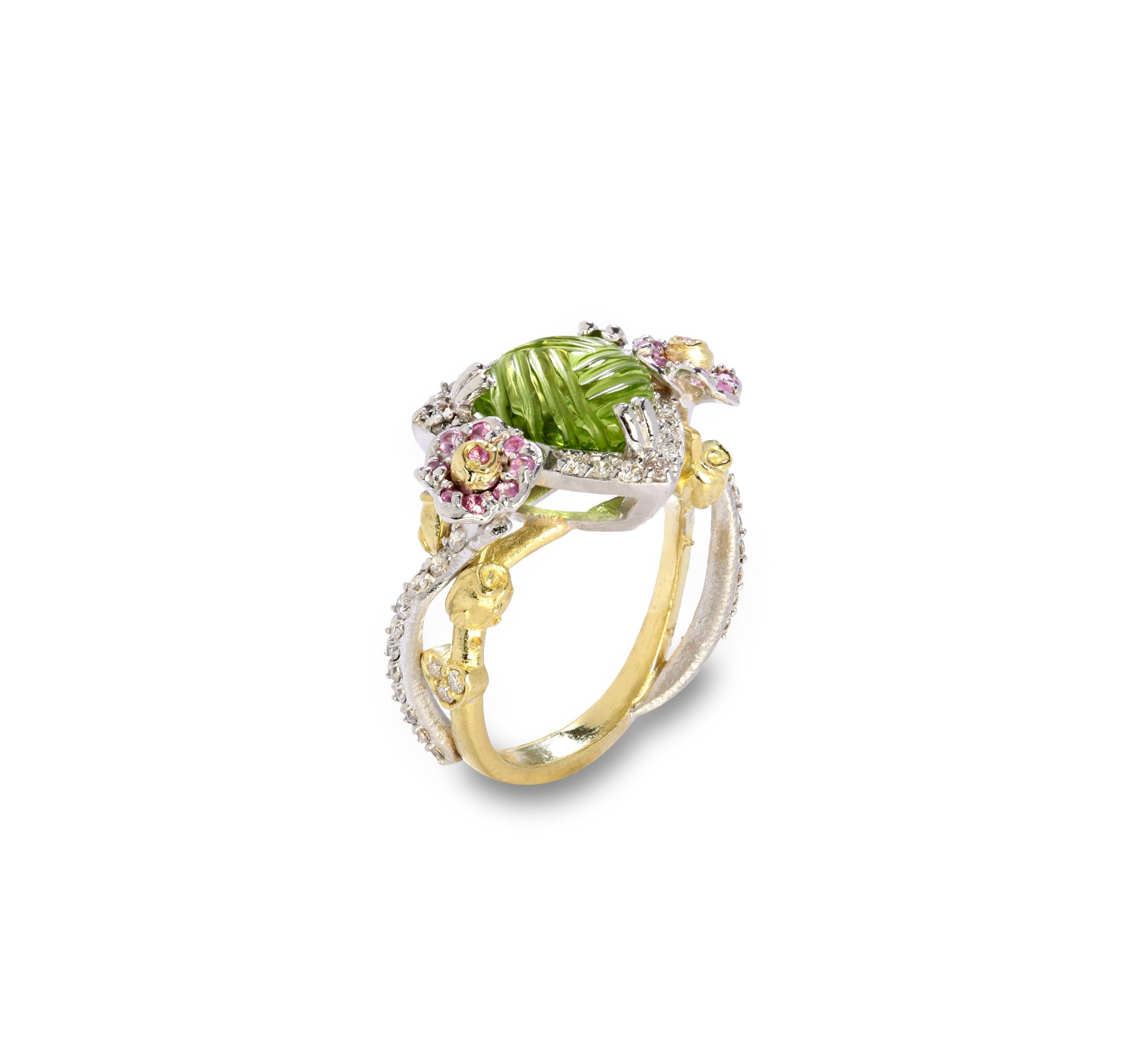 Stambolian Peridot Pink Sapphire and Diamond Rose Floral Ring In New Condition In Boca Raton, FL