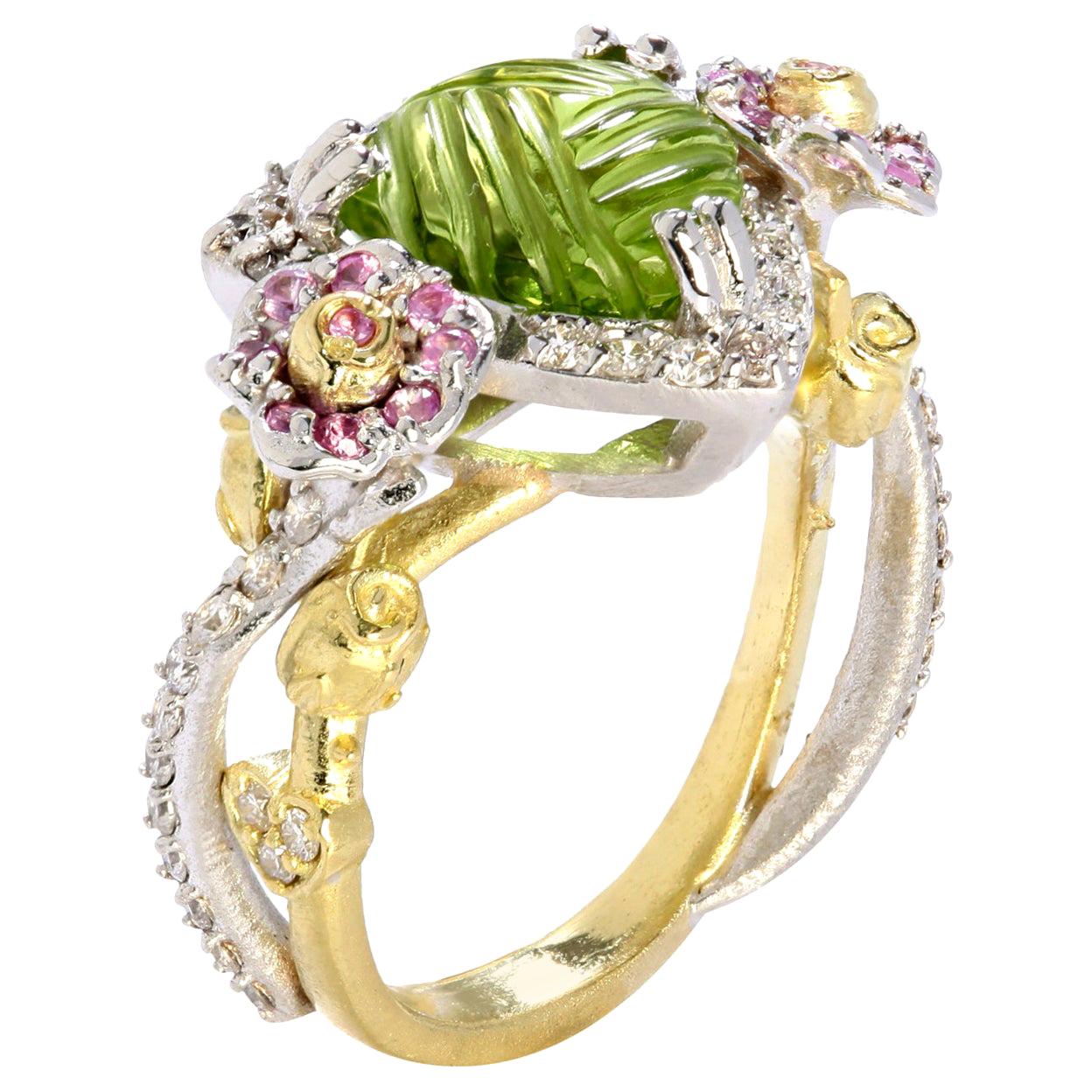 Stambolian Peridot Pink Sapphire and Diamond Rose Floral Ring