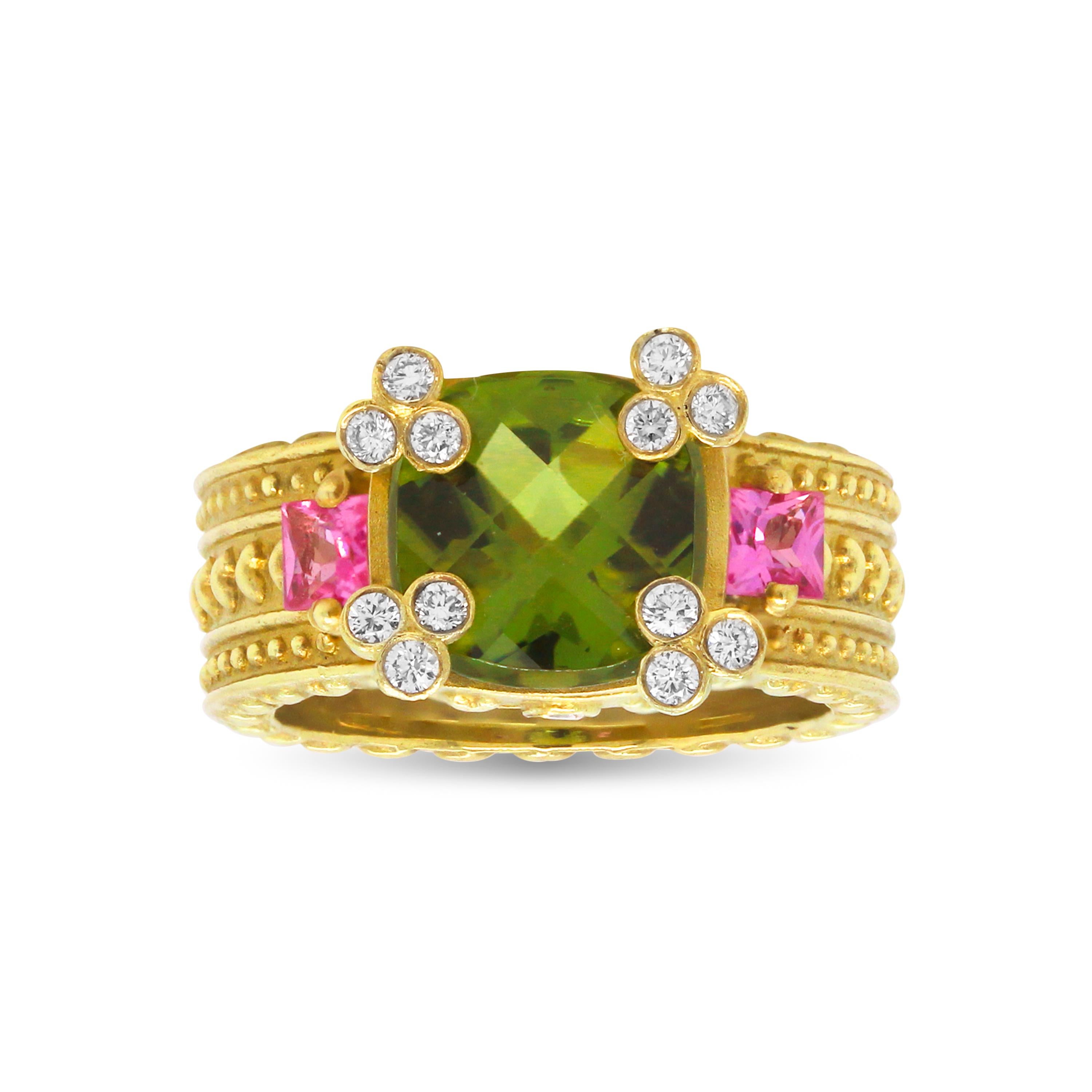 Stambolian Peridot Pink Sapphire Diamonds Yellow Gold Heart Band Cocktail Ring

This fun ring features a Peridot center with two Pink Sapphires on both sides. The band is done entirely with hearts which adds a cute detail to this design.

Peridot is