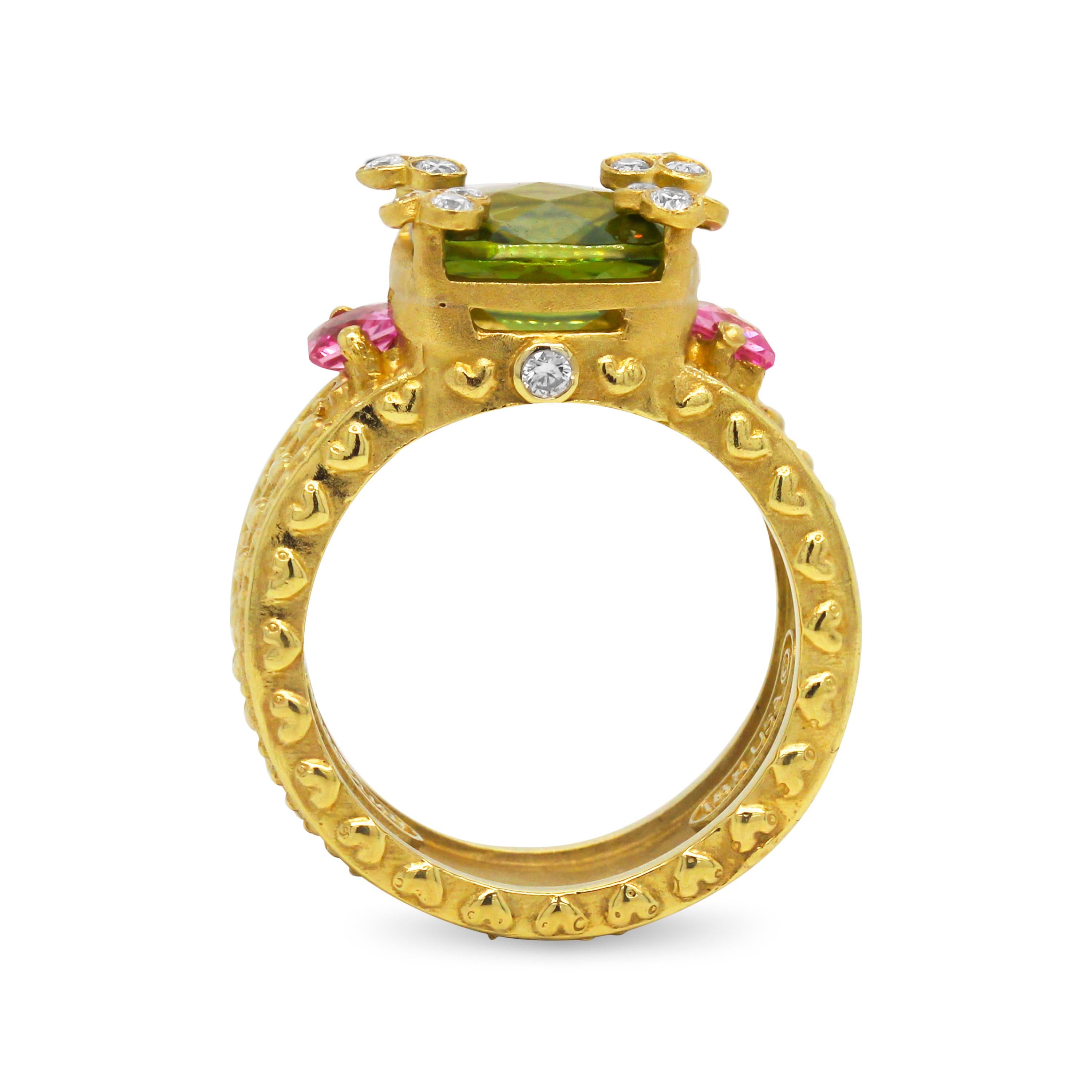 Stambolian Peridot Pink Sapphire Diamonds Yellow Gold Hearts Three-Stone Ring In New Condition In Boca Raton, FL