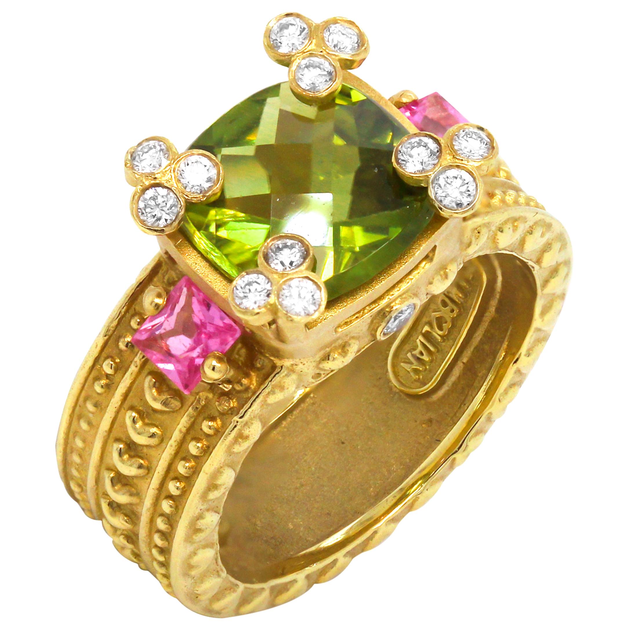 Stambolian Peridot Pink Sapphire Diamonds Yellow Gold Hearts Three-Stone Ring