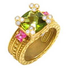 Stambolian Peridot Pink Sapphire Diamonds Yellow Gold Hearts Three-Stone Ring