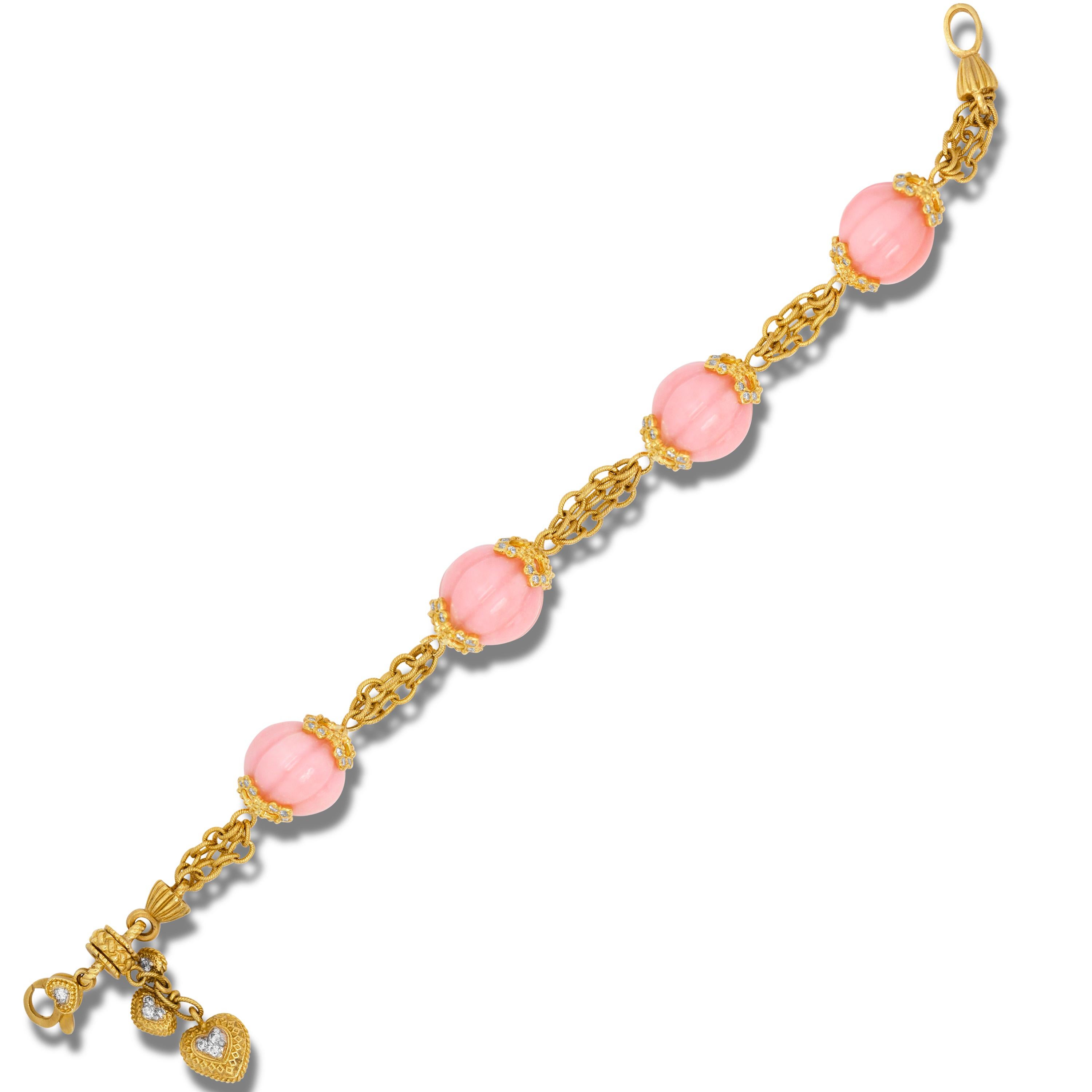 Stambolian Pink Peruvian Opal 18K Yellow Gold Diamond Charm Link Bracelet with Hearts

NO RESERVE PRICE

18K Gold Links make up the bracelet with connections on the Pink opals set with diamonds.

Three dangling diamond and gold hearts lay near the