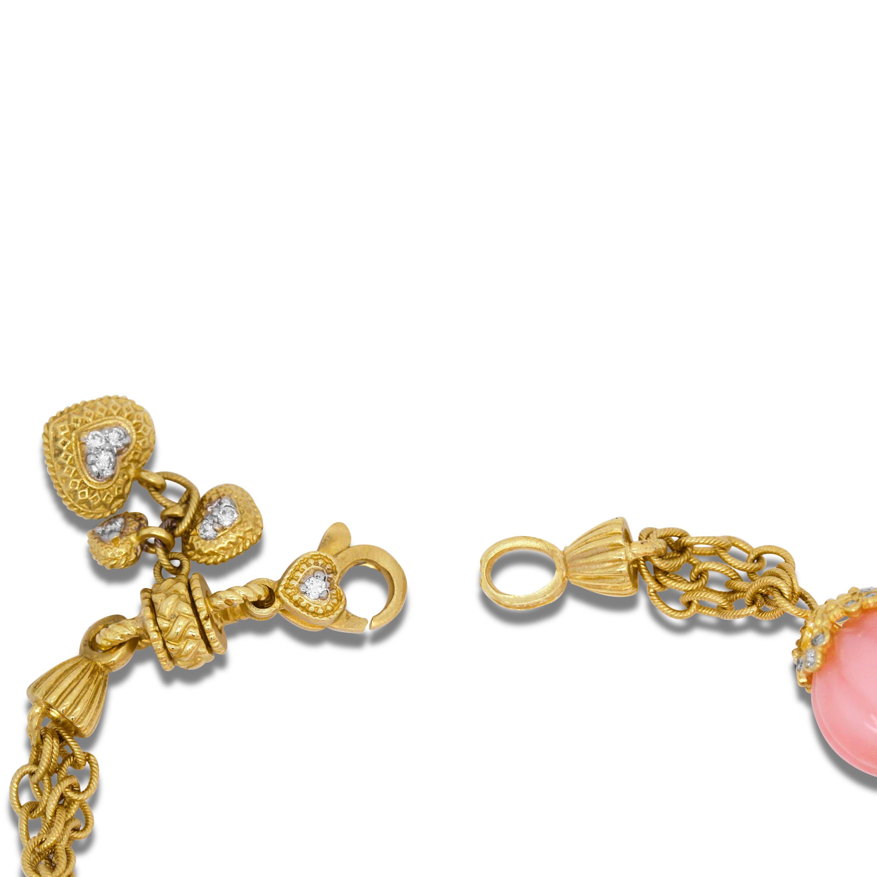 Contemporary Stambolian Pink Peruvian Opal 18K Yellow Gold Diamond Charm Bracelet with Hearts